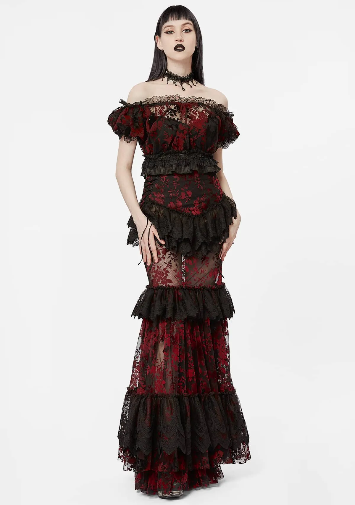 Gothic Red Flocked Lace Skirt sold by Shasilo Goth product image thumbnail 5