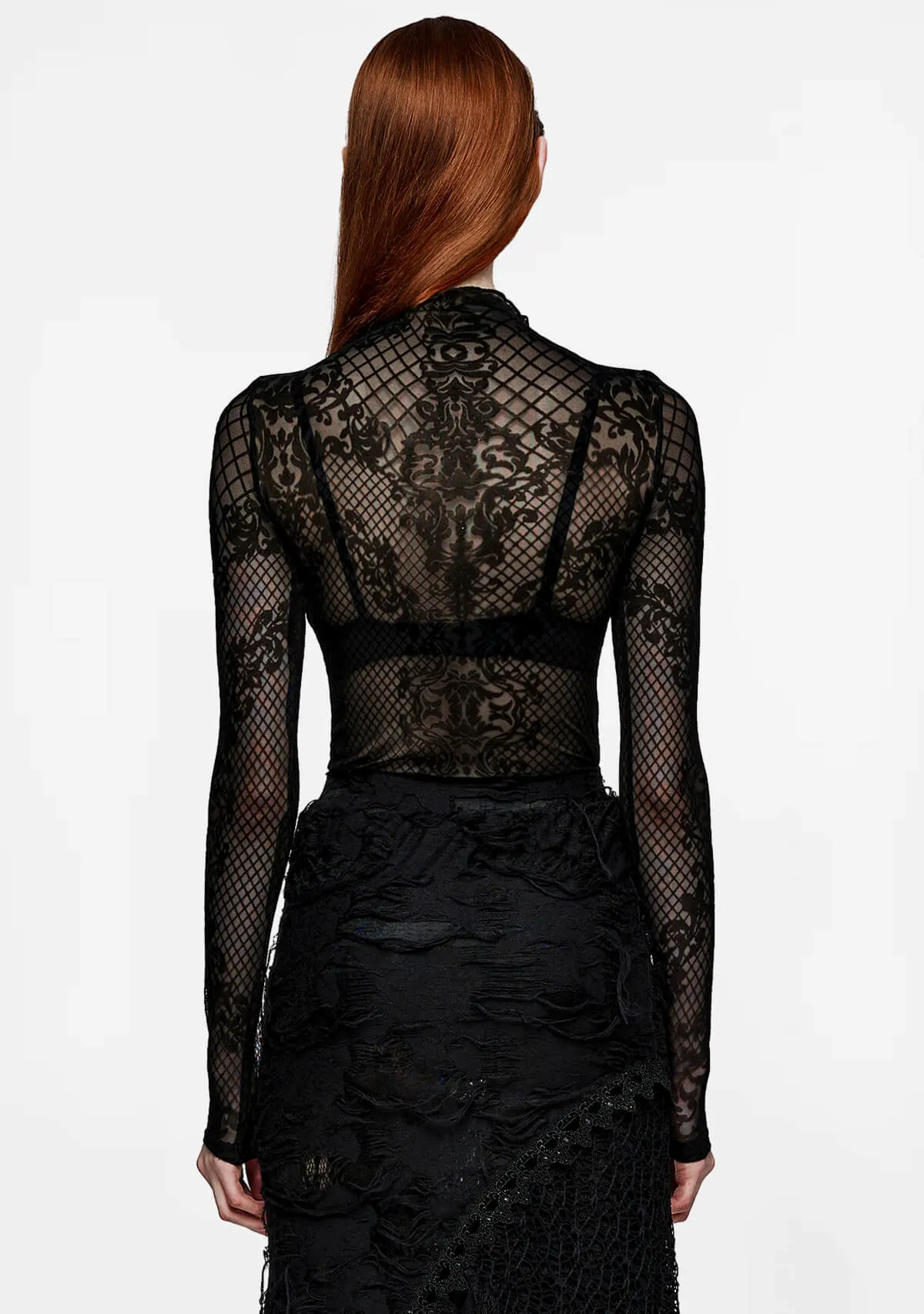 Gothic High-Neck Sheer Lace Long Sleeve Top sold by Shasilo Goth product image thumbnail 4