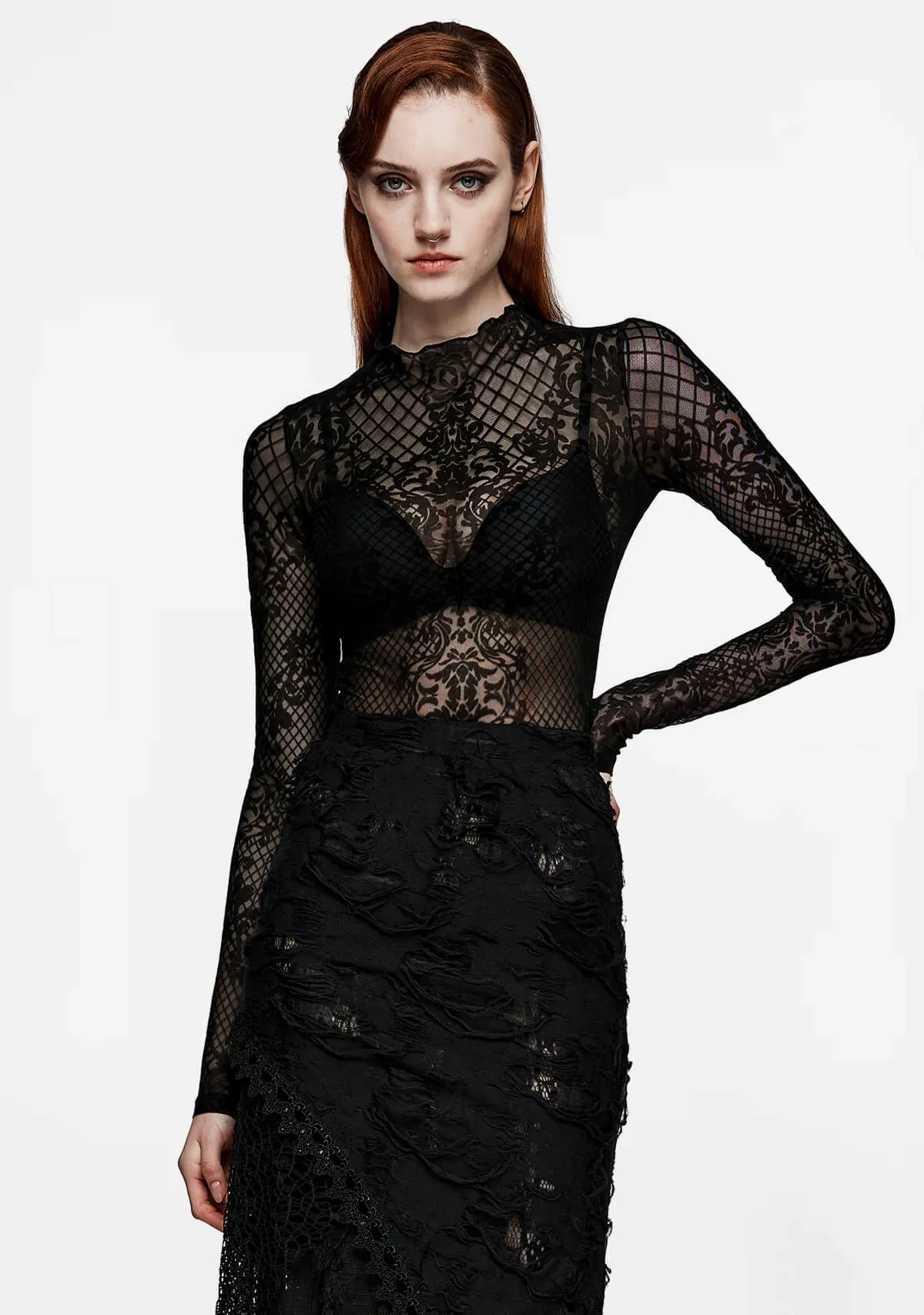 Gothic High-Neck Sheer Lace Long Sleeve Top sold by Shasilo Goth