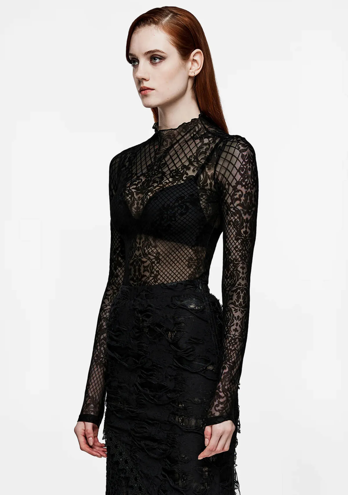 Gothic High-Neck Sheer Lace Long Sleeve Top sold by Shasilo Goth product image thumbnail 3