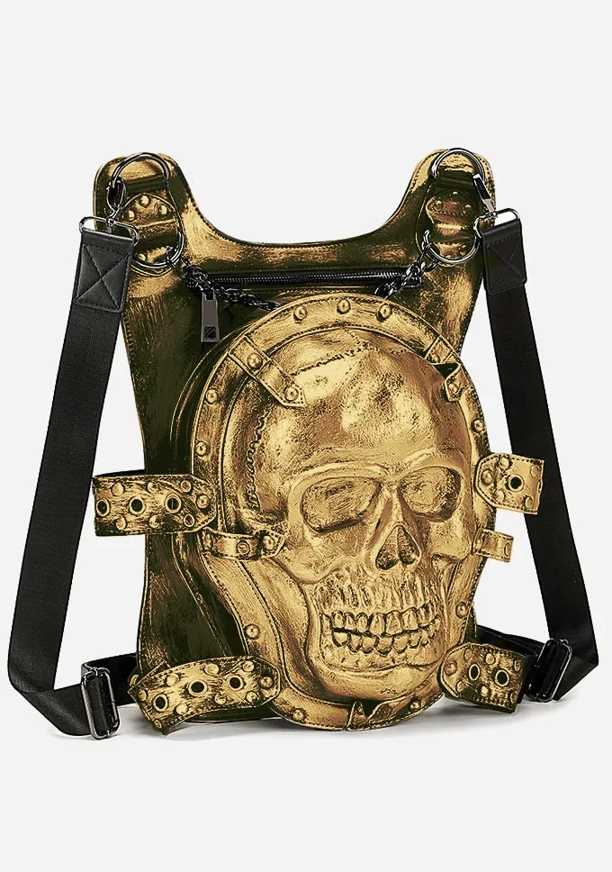 Punk Gold 3D Skull Leather Backpack sold by Shasilo Goth product image thumbnail 3