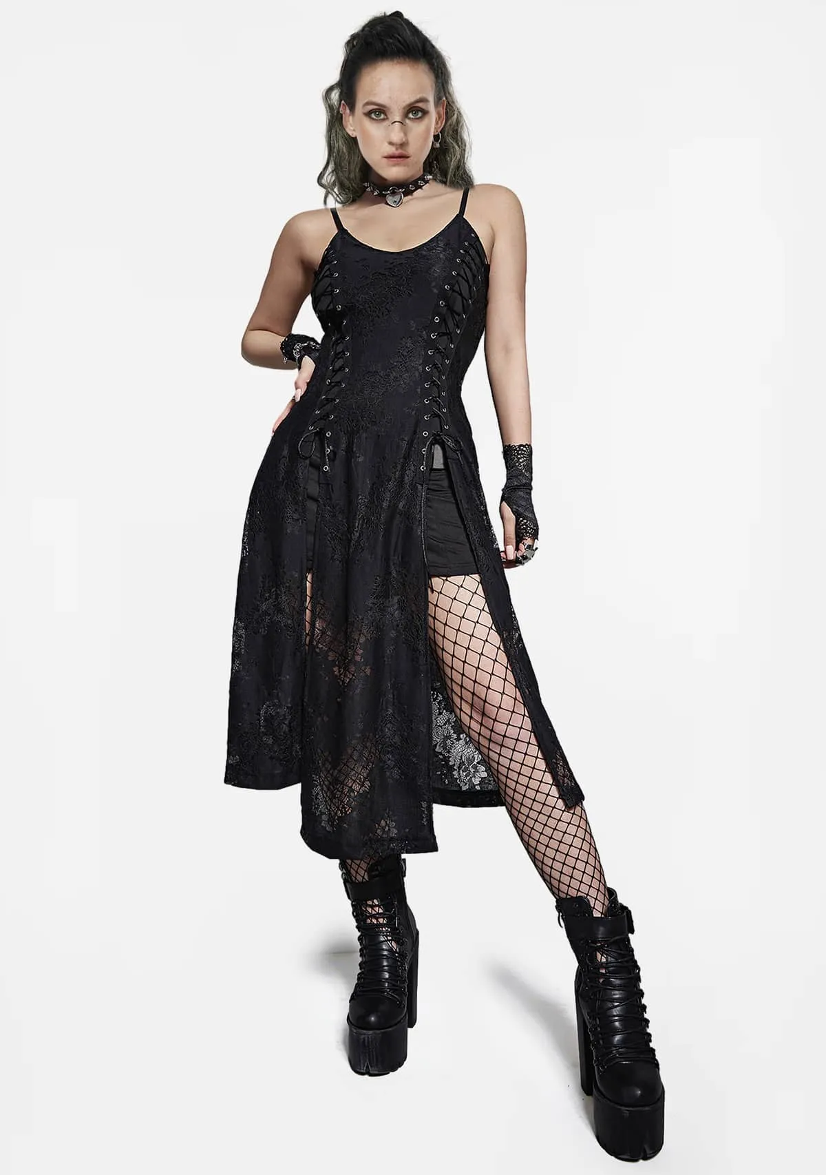 Gothic Eyelet Lace Strappy Slit Dress sold by Shasilo Goth