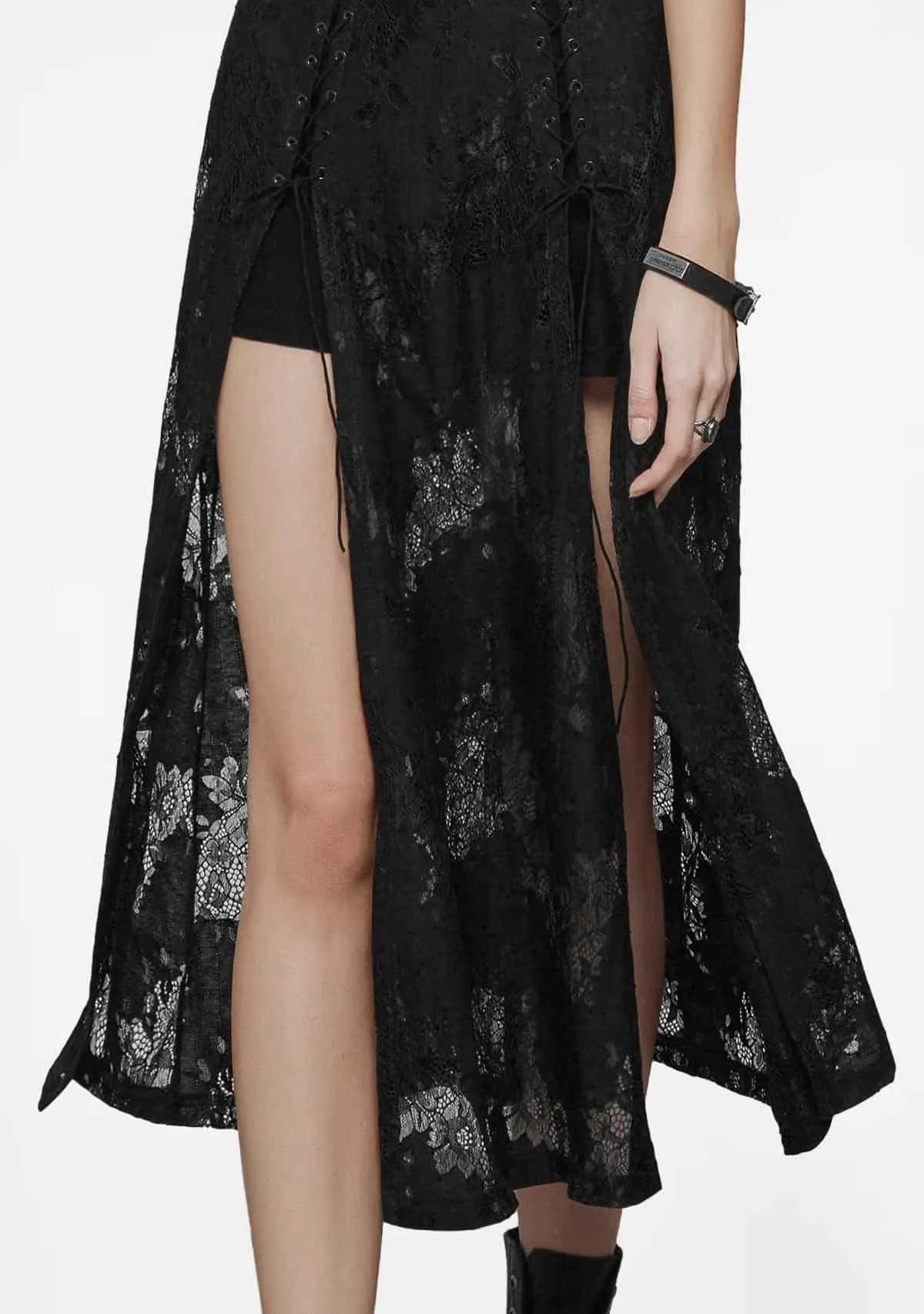 Gothic Eyelet Lace Strappy Slit Dress sold by Shasilo Goth product image thumbnail 2