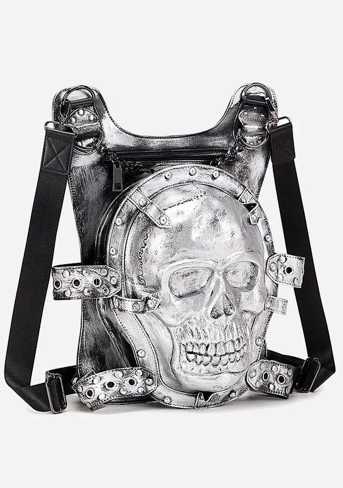 Punk Silver 3D Skull Leather Backpack sold by Shasilo Goth product image thumbnail 3