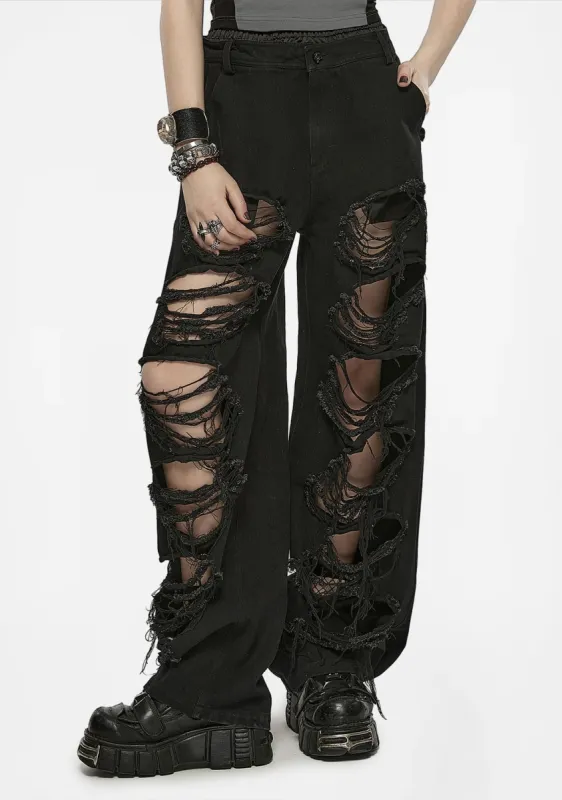 Punk Dark Elastic Waist Hole Denim Pants sold by Shasilo Goth