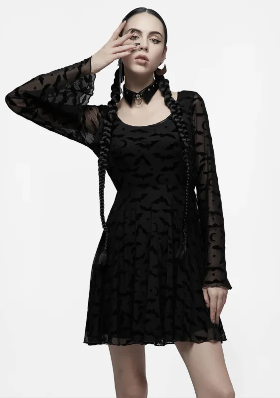 Black Gothic Bat Moon Flocking Mini Dress sold by Shasilo Goth