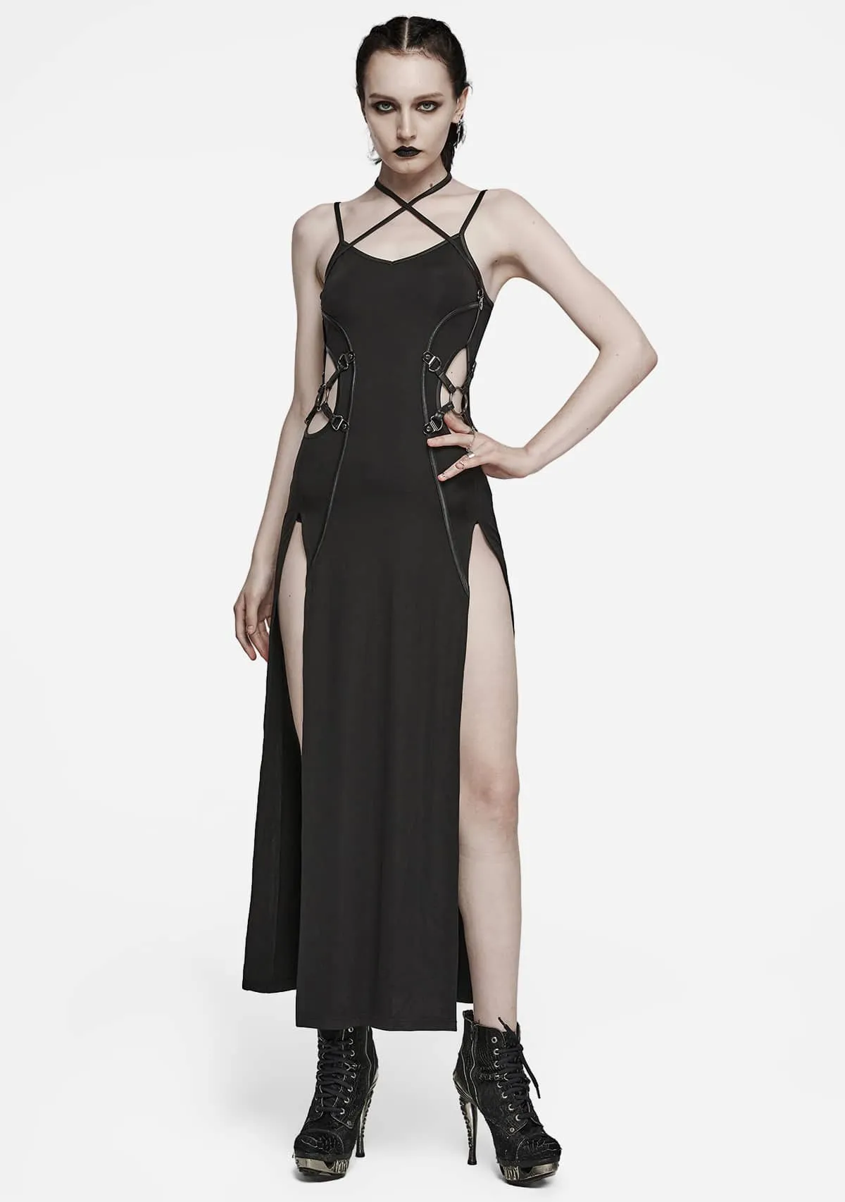 Gothic Hollowed Waist Slit Maxi Dress sold by Shasilo Goth