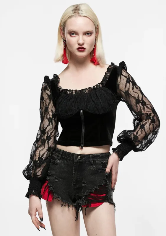 Gothic Square-Neck Velvet-Paneled Lace Top sold by Shasilo Goth