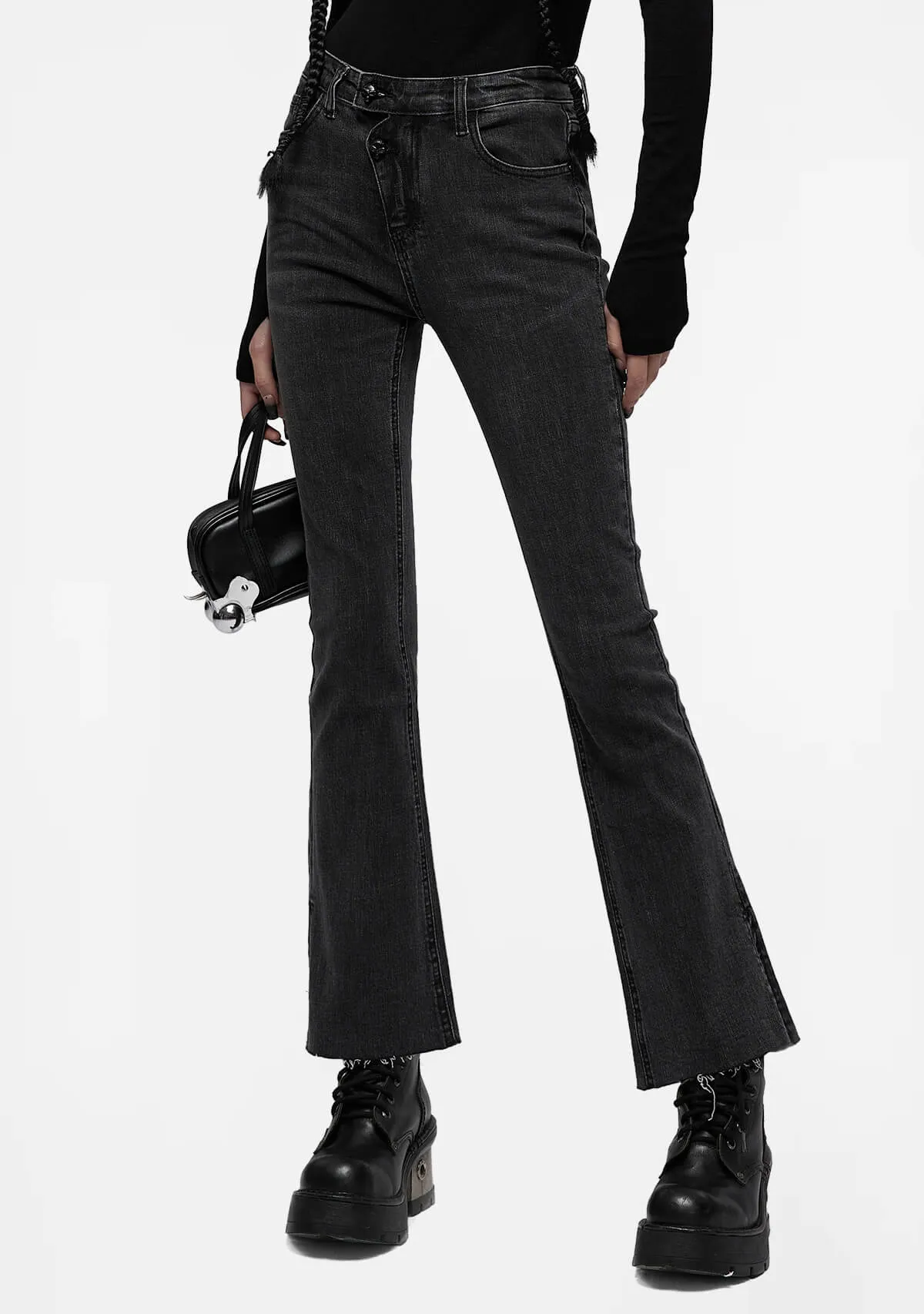 Punk Asymmetric Placket Flare Jeans sold by Shasilo Goth