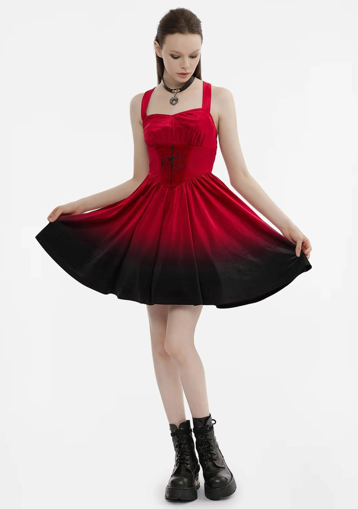 Gothic The Knight Embroidered Gradient Slip Dress sold by Shasilo Goth