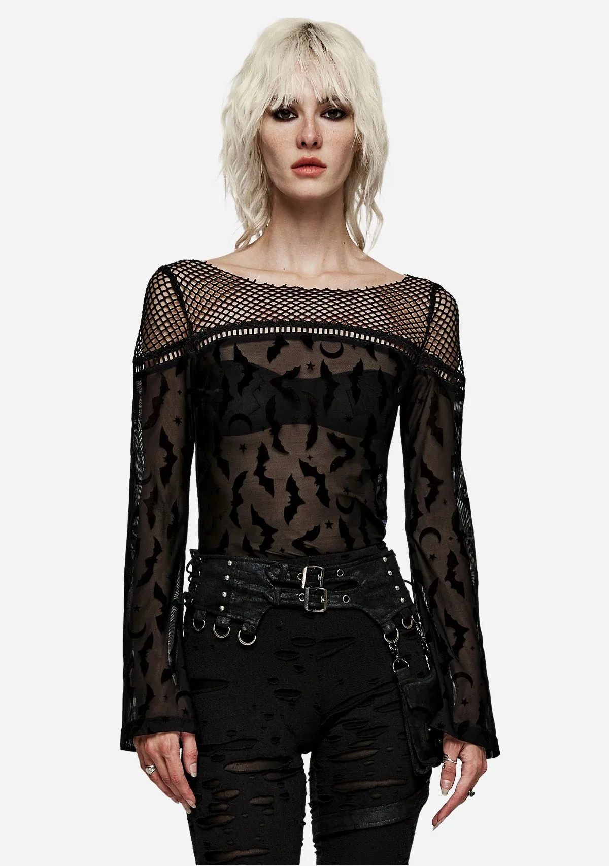 Gothic Bat Flock Mesh Off-Shoulder Top sold by Shasilo Goth