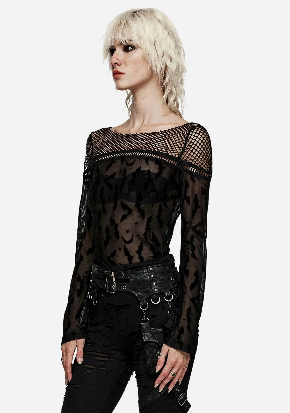 Gothic Bat Flock Mesh Off-Shoulder Top sold by Shasilo Goth product image thumbnail 3
