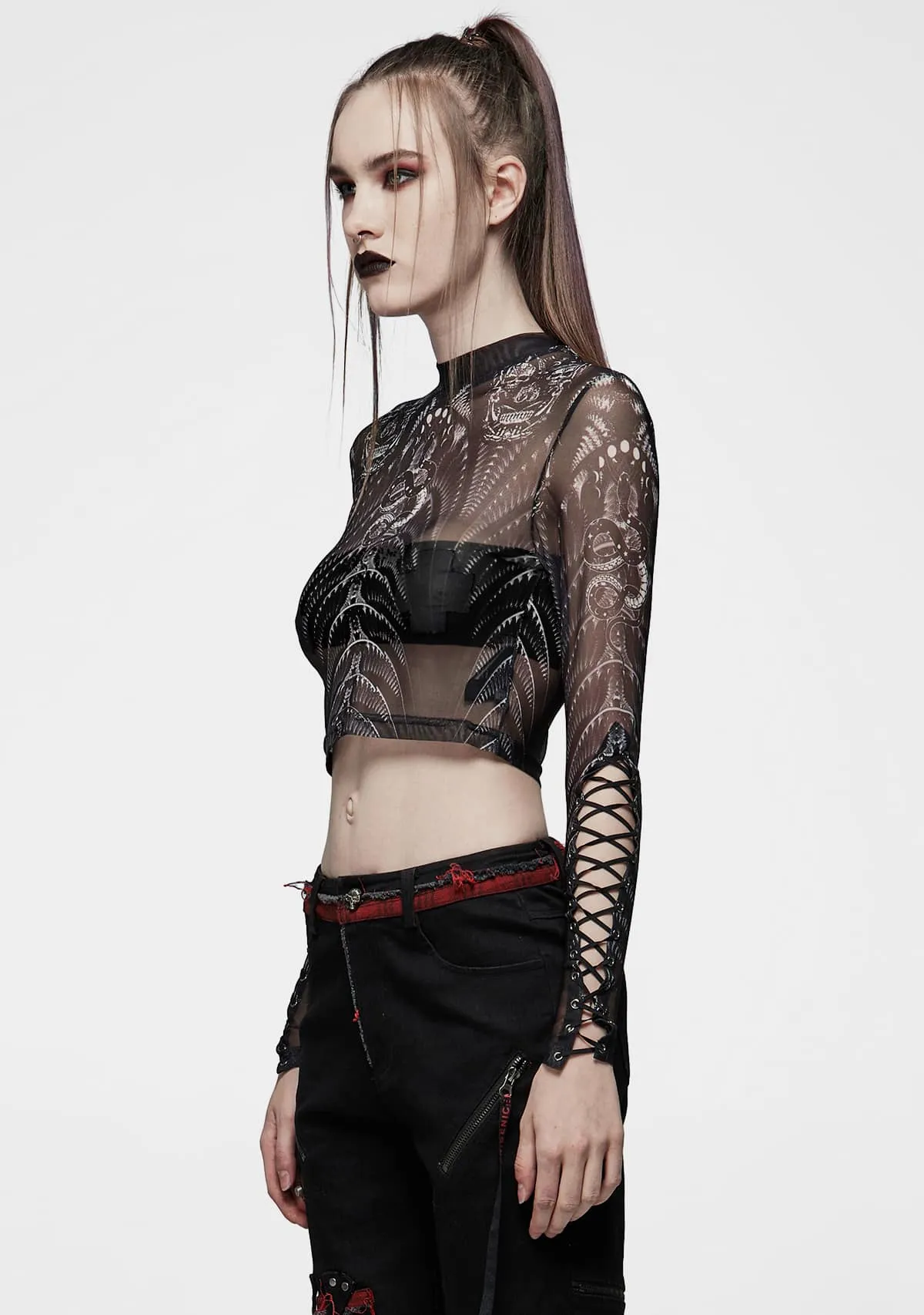 Gothic Skeleton Print Mesh T-Shirt sold by Shasilo Goth product image thumbnail 4