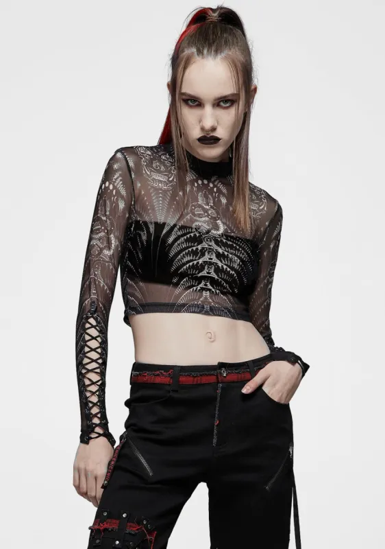 Gothic Skeleton Print Mesh T-Shirt sold by Shasilo Goth
