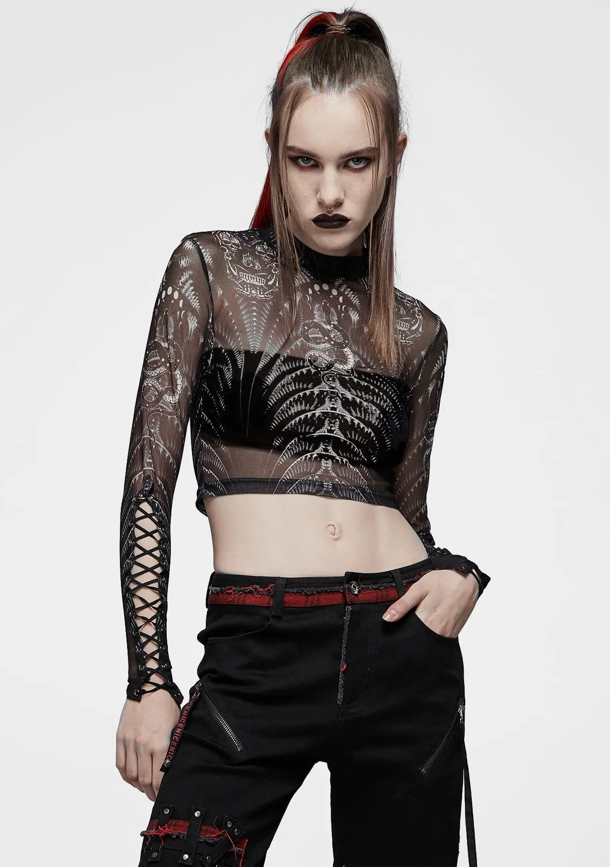 Gothic Skeleton Print Mesh T-Shirt sold by Shasilo Goth