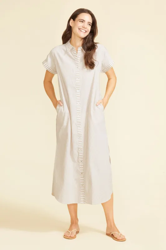 Riga Short Sleeve Midi Dress - Tan Stripes made by Sitano