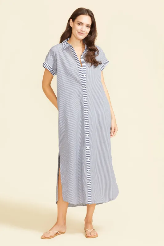 Riga Short Sleeve Midi Dress - Navy Stripes made by Sitano