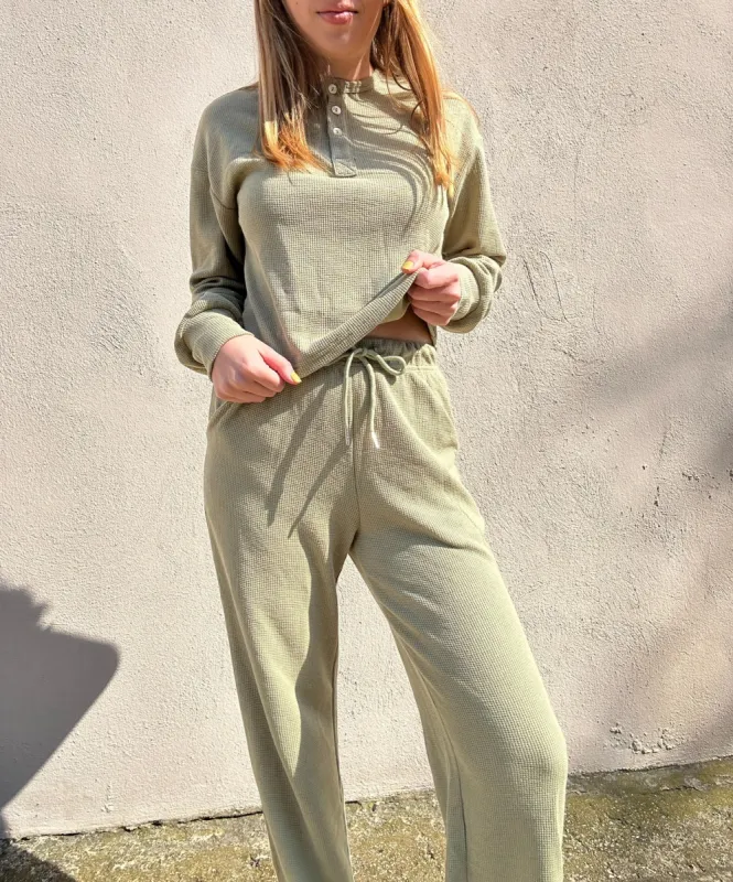Recycled Waffle Henley Set in Matcha sold by waverles