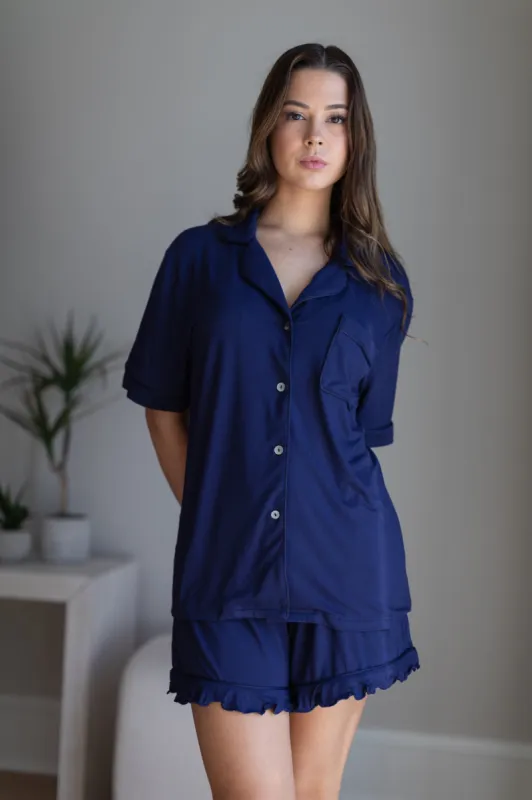 Ruffle Bamboo Short Set in Sapphire sold by waverles