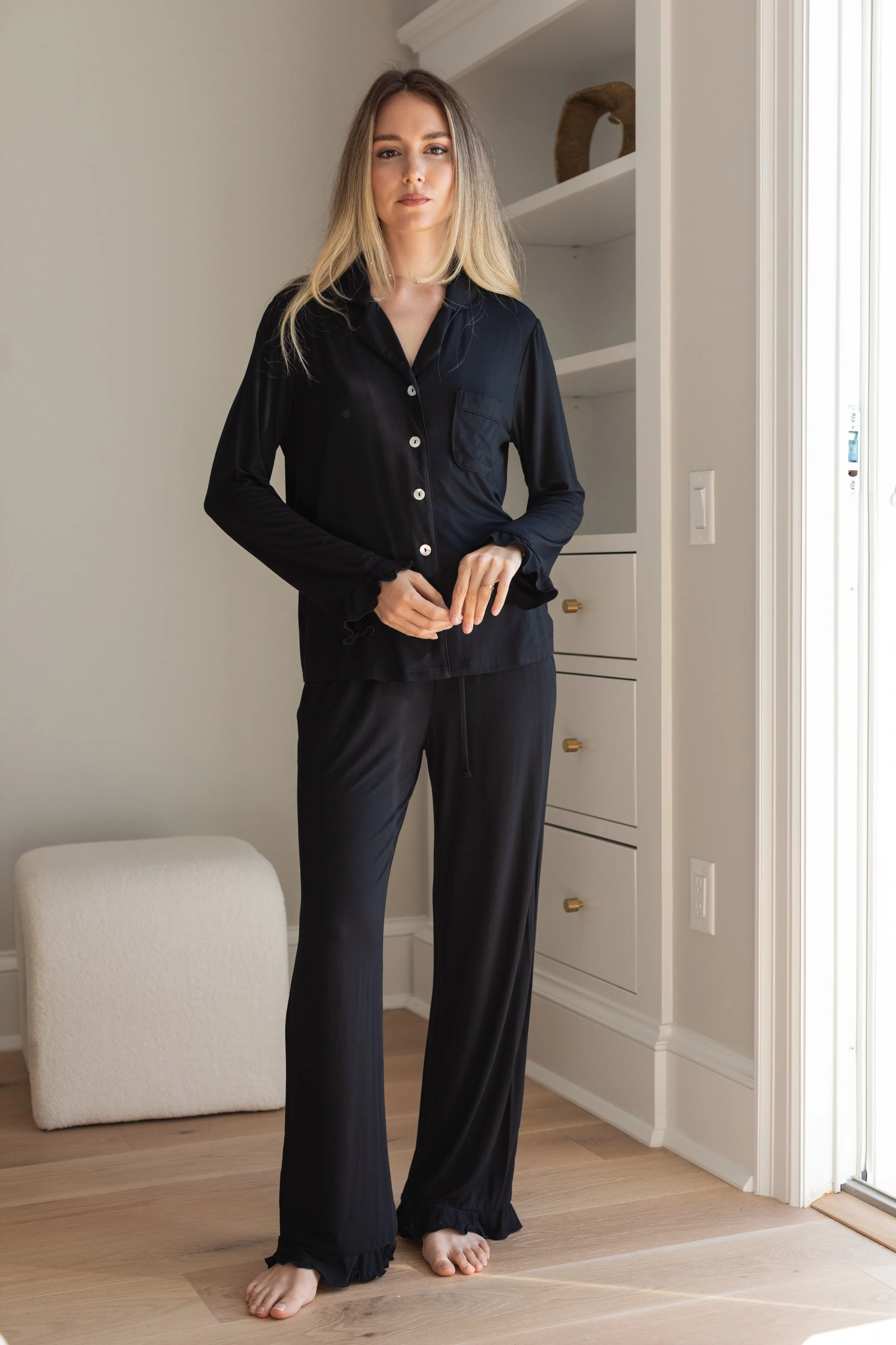 Ruffle Bamboo Pajama Bridal Pant Set in Noir sold by waverles product image thumbnail 2