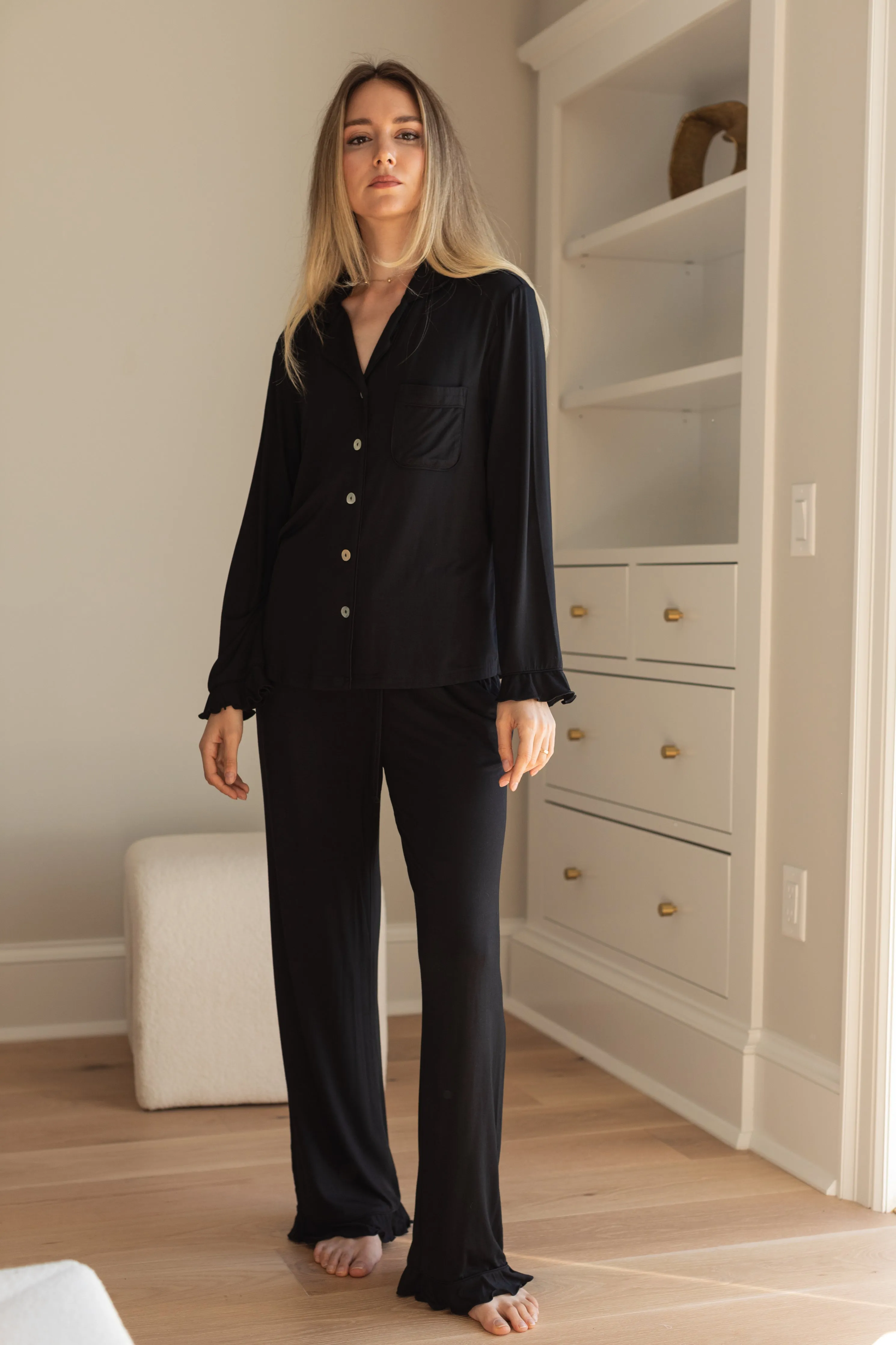 Ruffle Bamboo Pajama Bridal Pant Set in Noir sold by waverles product image thumbnail 3