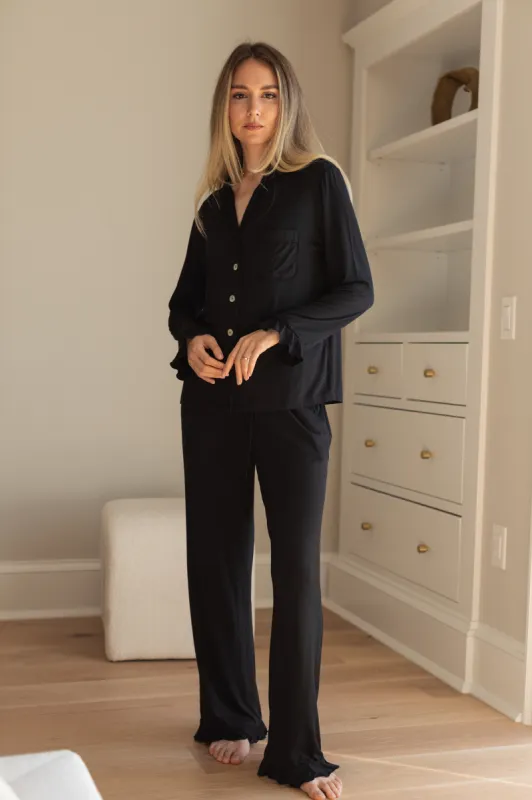 Ruffle Bamboo Pajama Bridal Pant Set in Noir sold by waverles