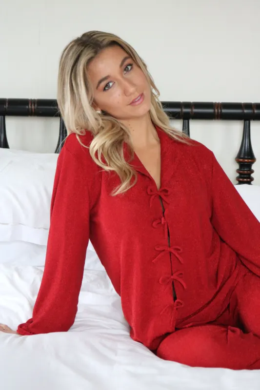 Shimmer Flounce Pant Set in Cherry sold by waverles