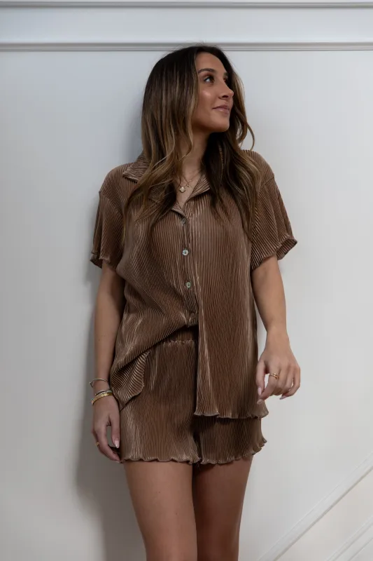 Pleated Short Bridal Set in Mocha Mousse sold by waverles