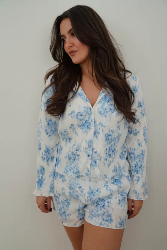 Sloane Pleated Tie Short Bridal Set Blue Floral sold by waverles