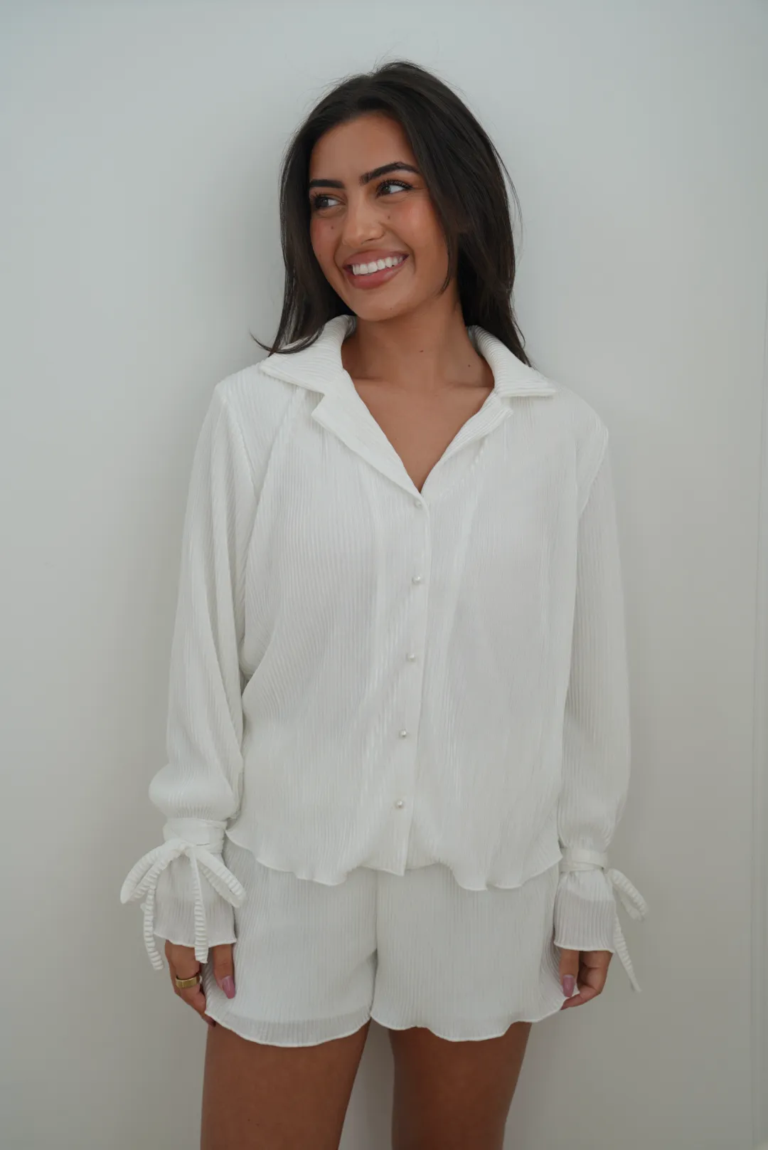 Sloane Pleated Tie Short Bridal Set in Dove sold by waverles