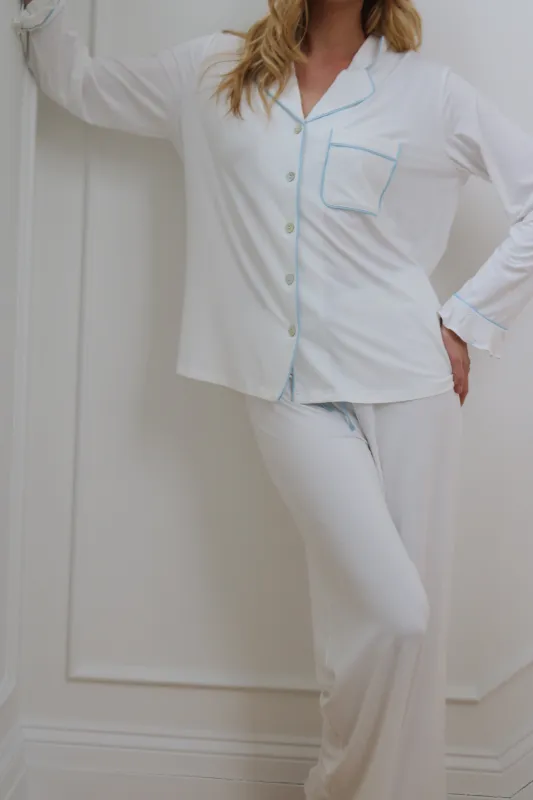 Ruffle Bamboo Pajama Bridal Pant Set Sky Trim sold by waverles