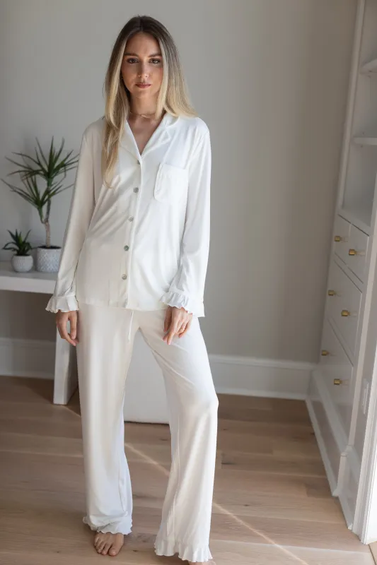 Ruffle Bamboo Pajama Bridal Pant Set in Dove sold by waverles