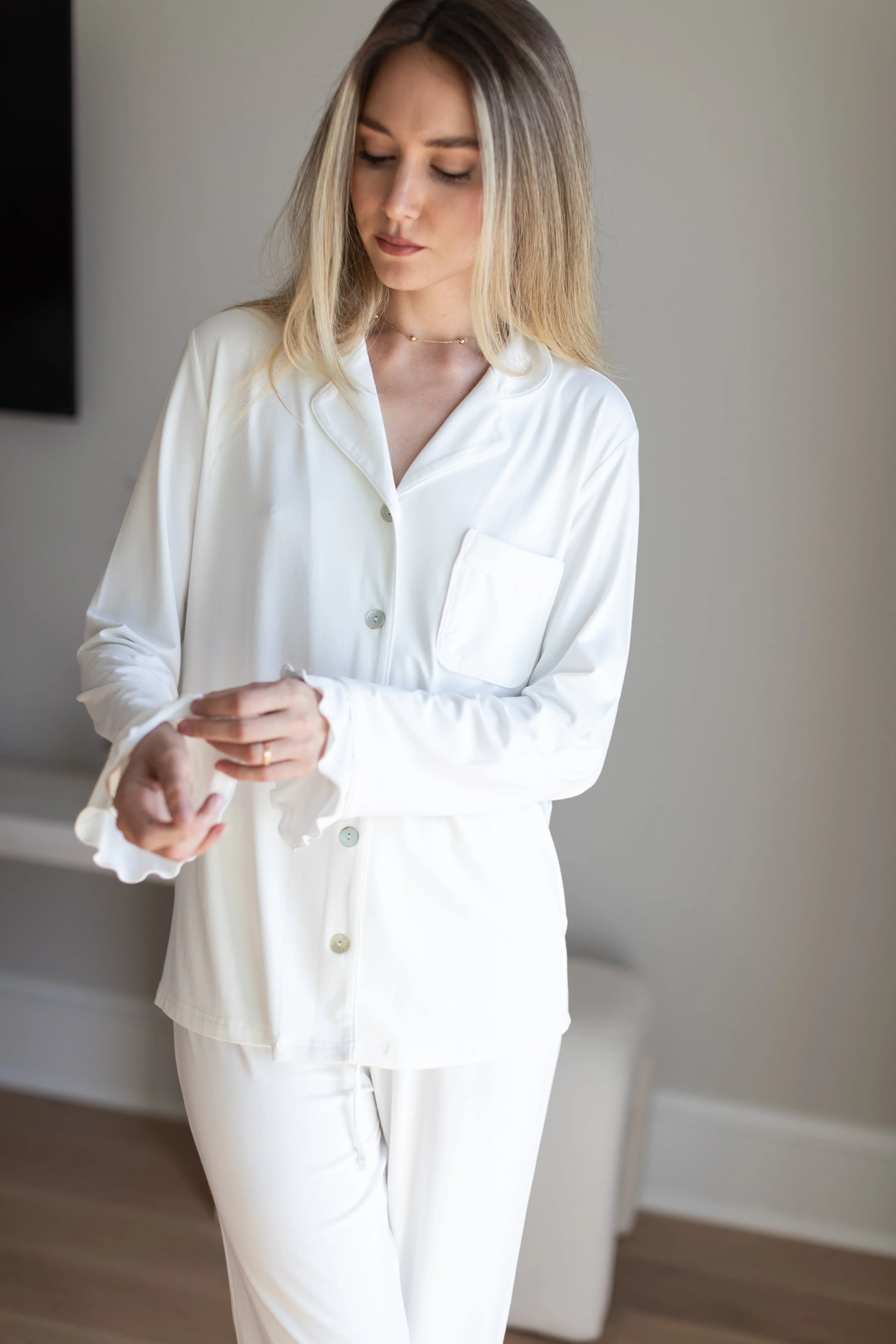 Ruffle Bamboo Pajama Bridal Pant Set in Dove sold by waverles product image thumbnail 3