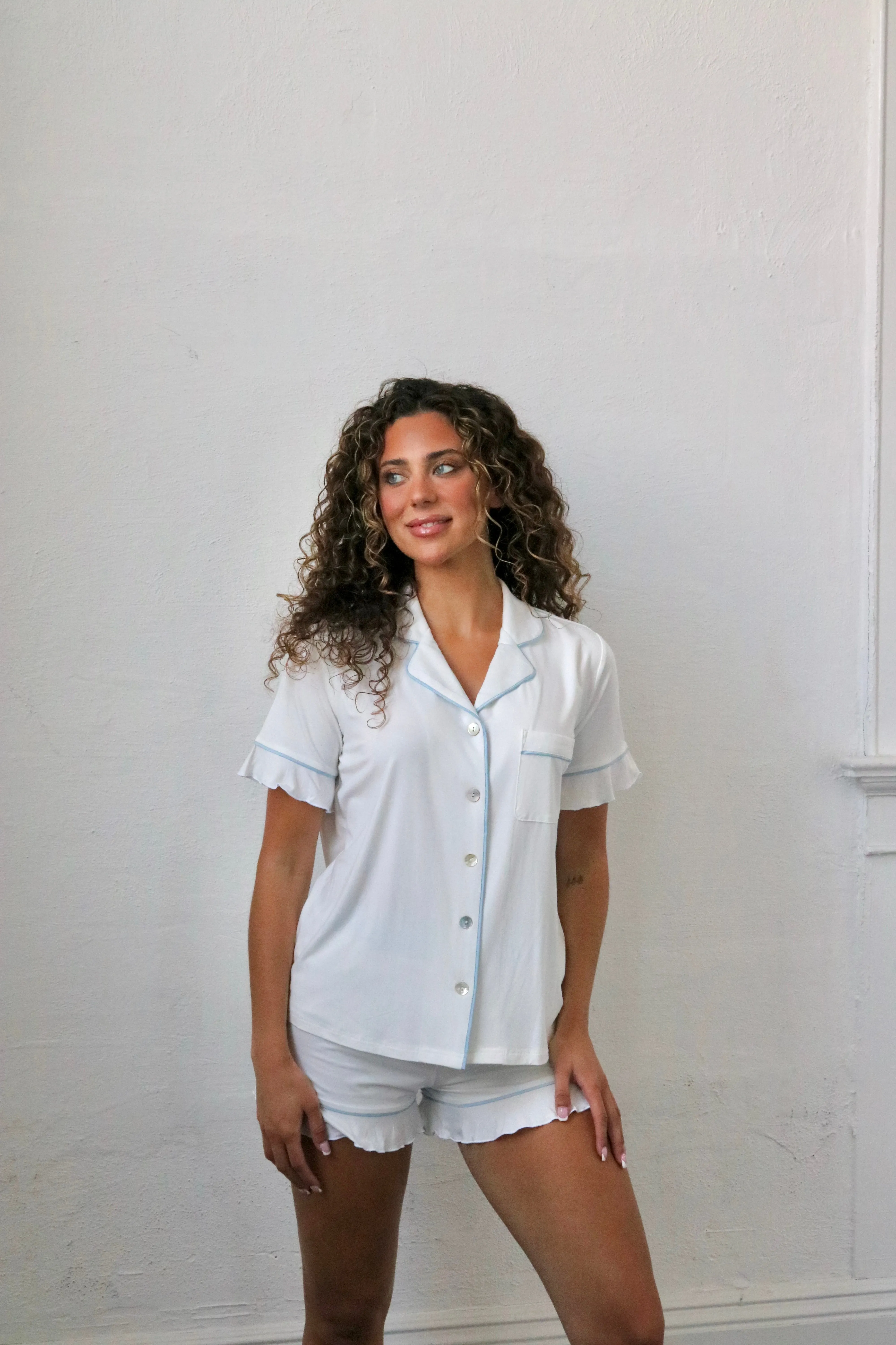 Ruffle Bamboo Pajama Short Set Sky Trim sold by waverles product image thumbnail 3