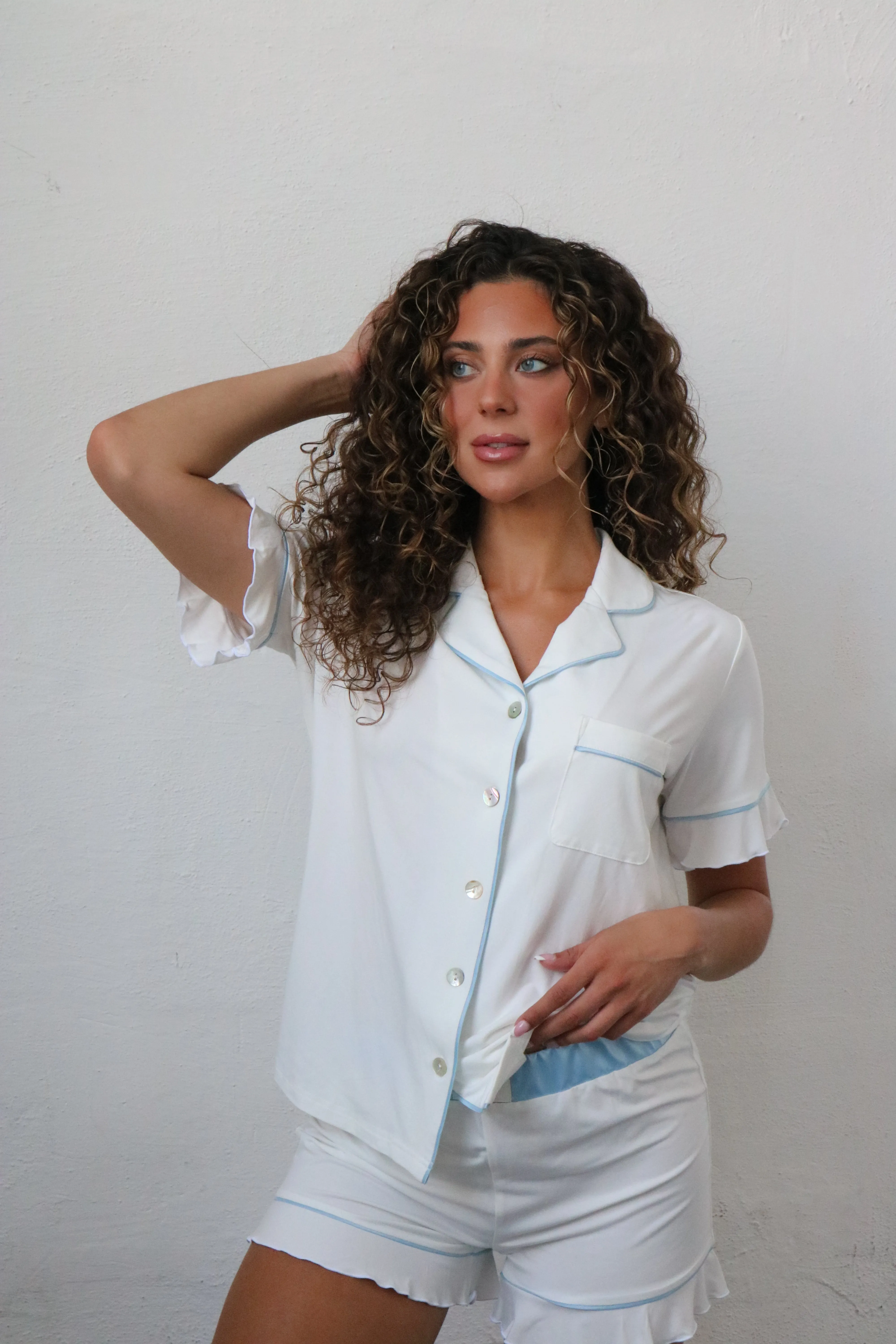 Ruffle Bamboo Pajama Short Set Sky Trim sold by waverles