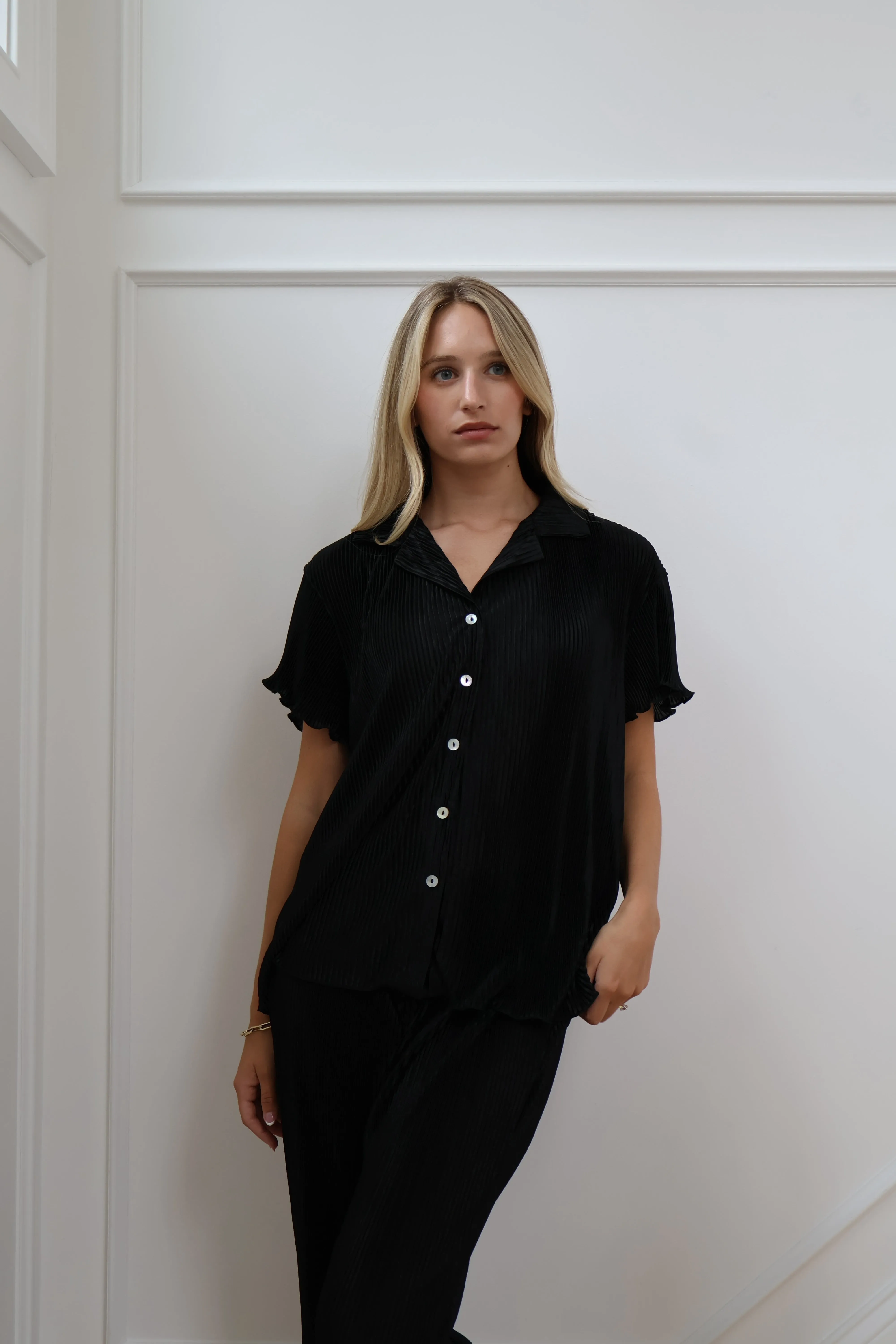 Pleated Short Sleeve Bridal Pant Set in Noir sold by waverles