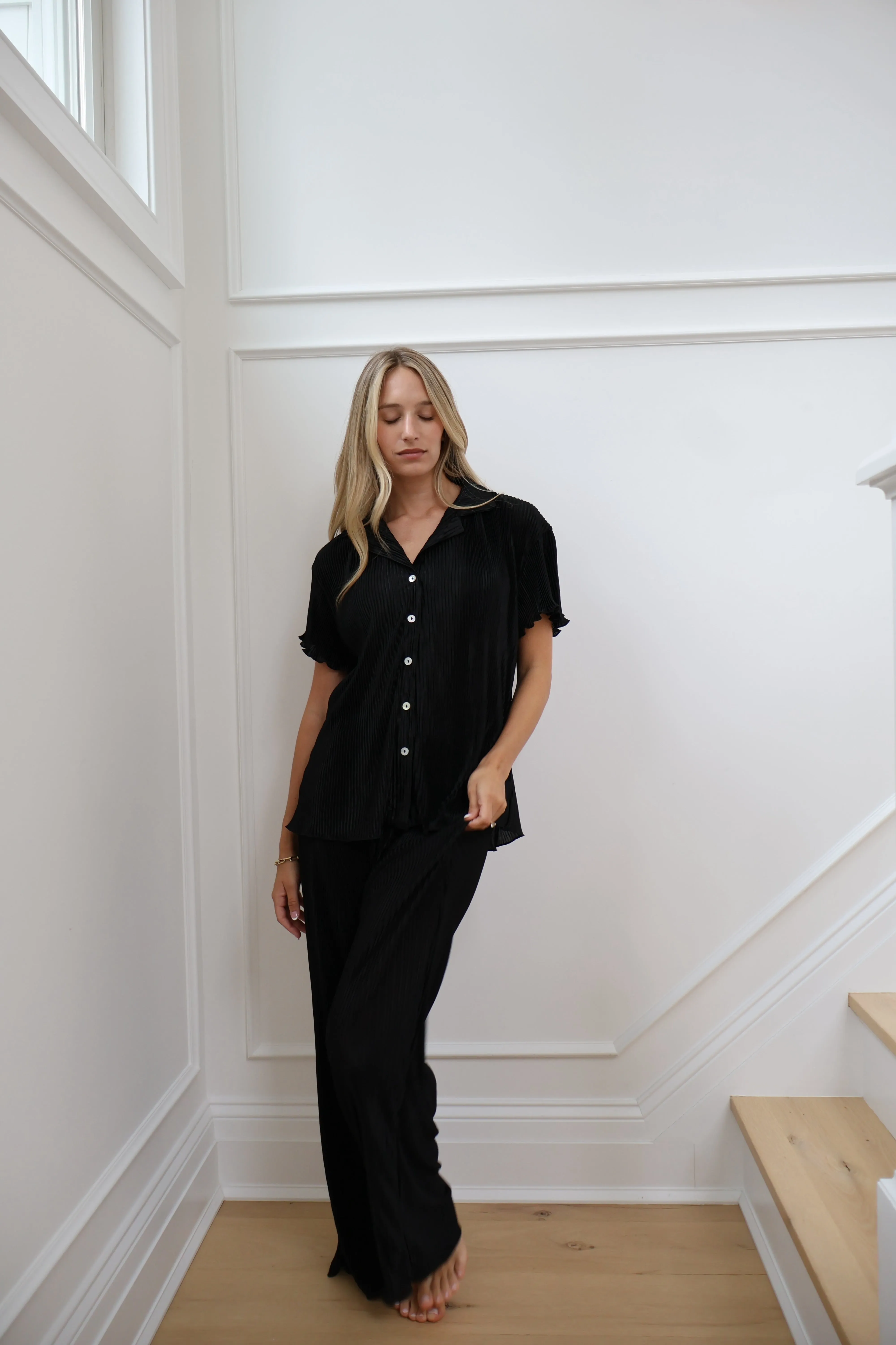 Pleated Short Sleeve Bridal Pant Set in Noir sold by waverles product image thumbnail 3