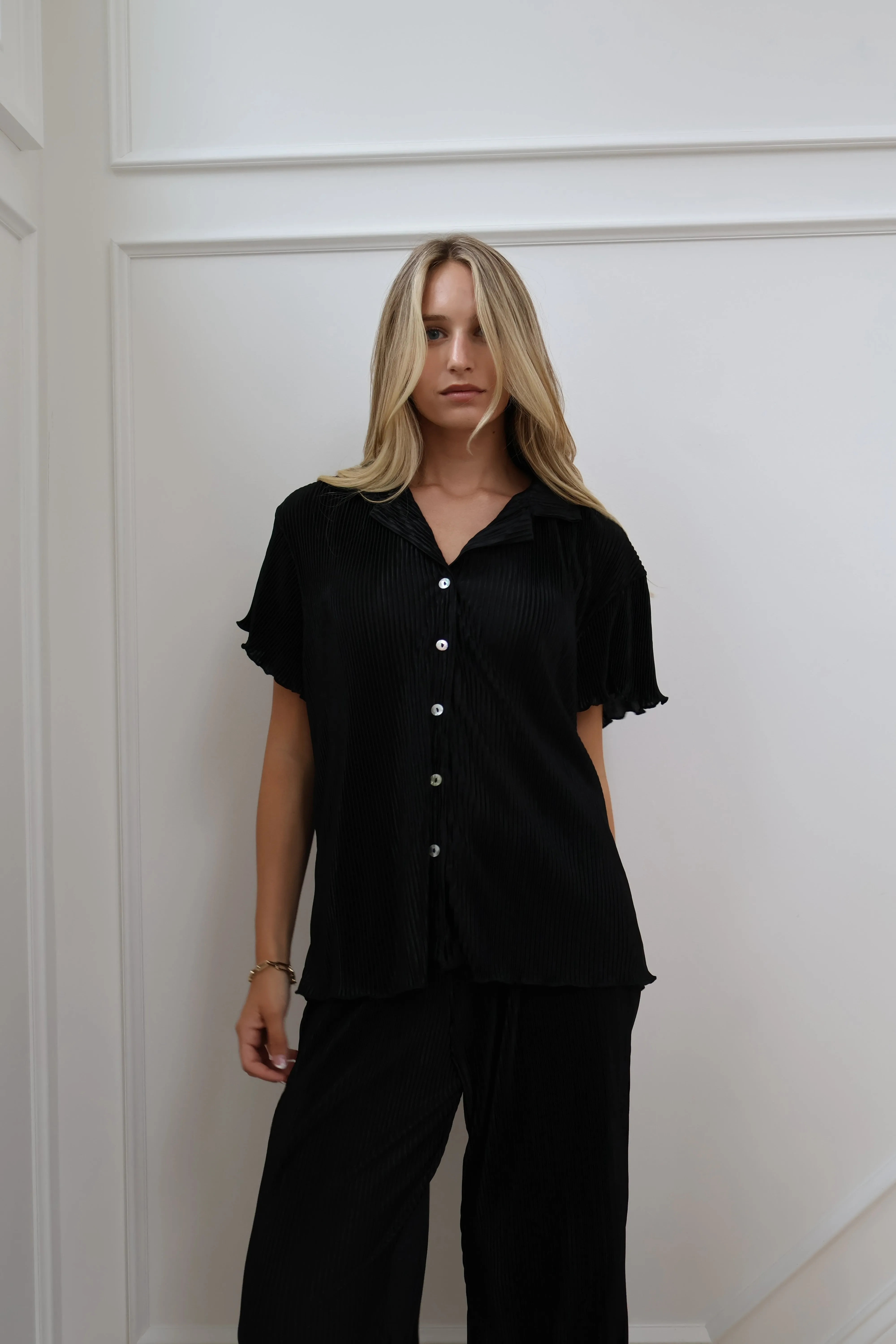 Pleated Short Sleeve Bridal Pant Set in Noir sold by waverles product image thumbnail 2