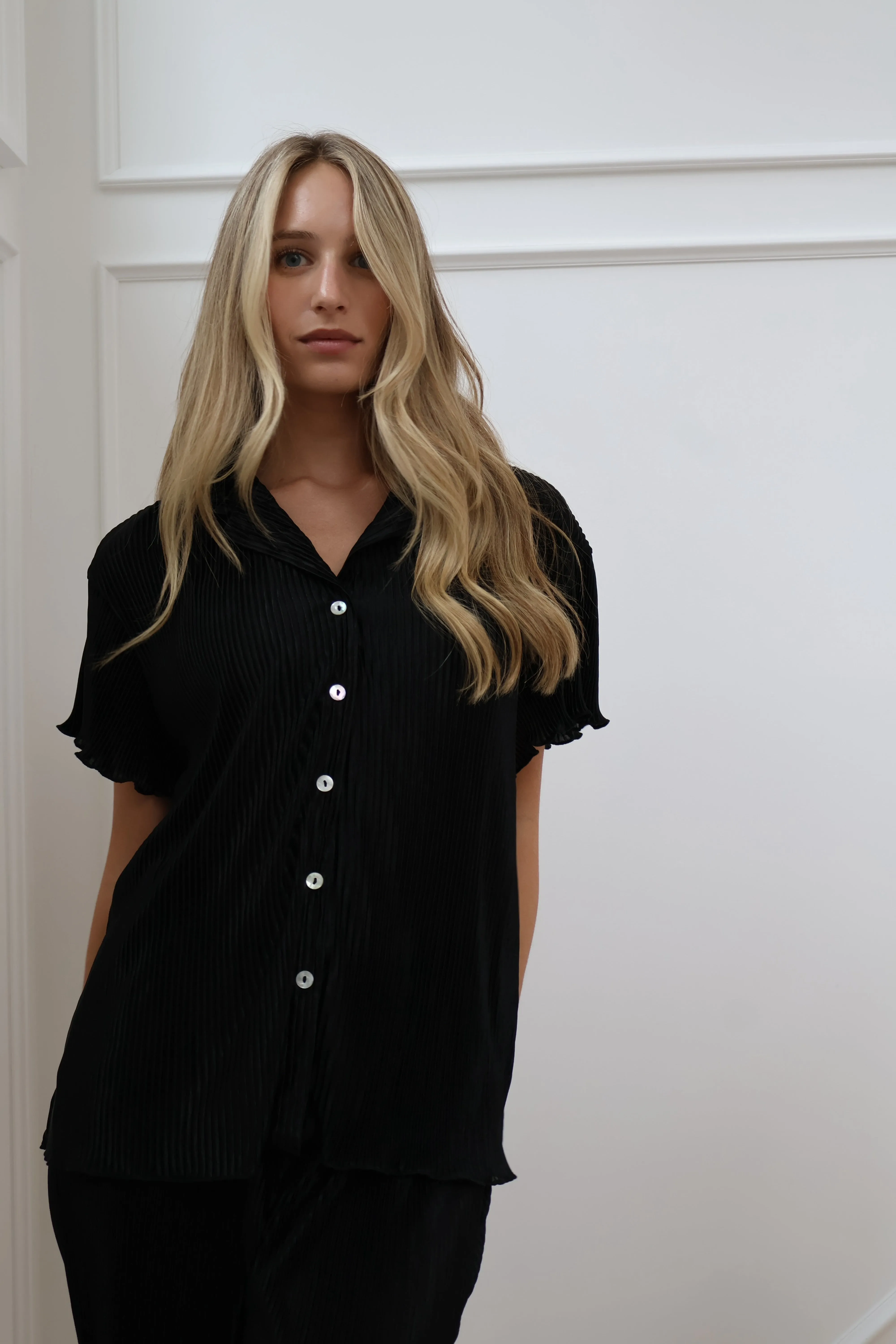 Pleated Short Sleeve Bridal Pant Set in Noir sold by waverles product image thumbnail 5