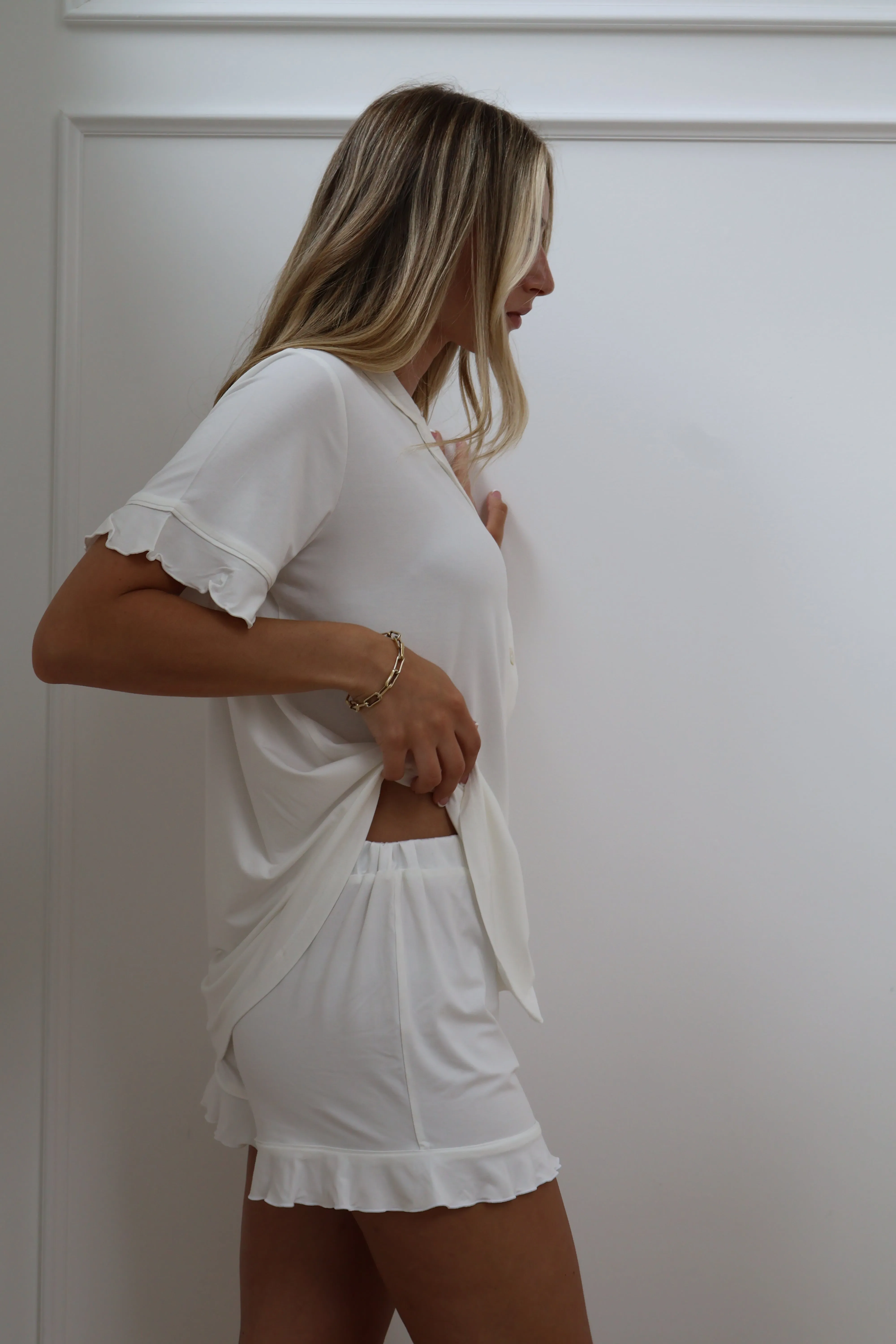 Ruffle Bamboo Pajama Short Bridal Set in Dove sold by waverles product image thumbnail 3