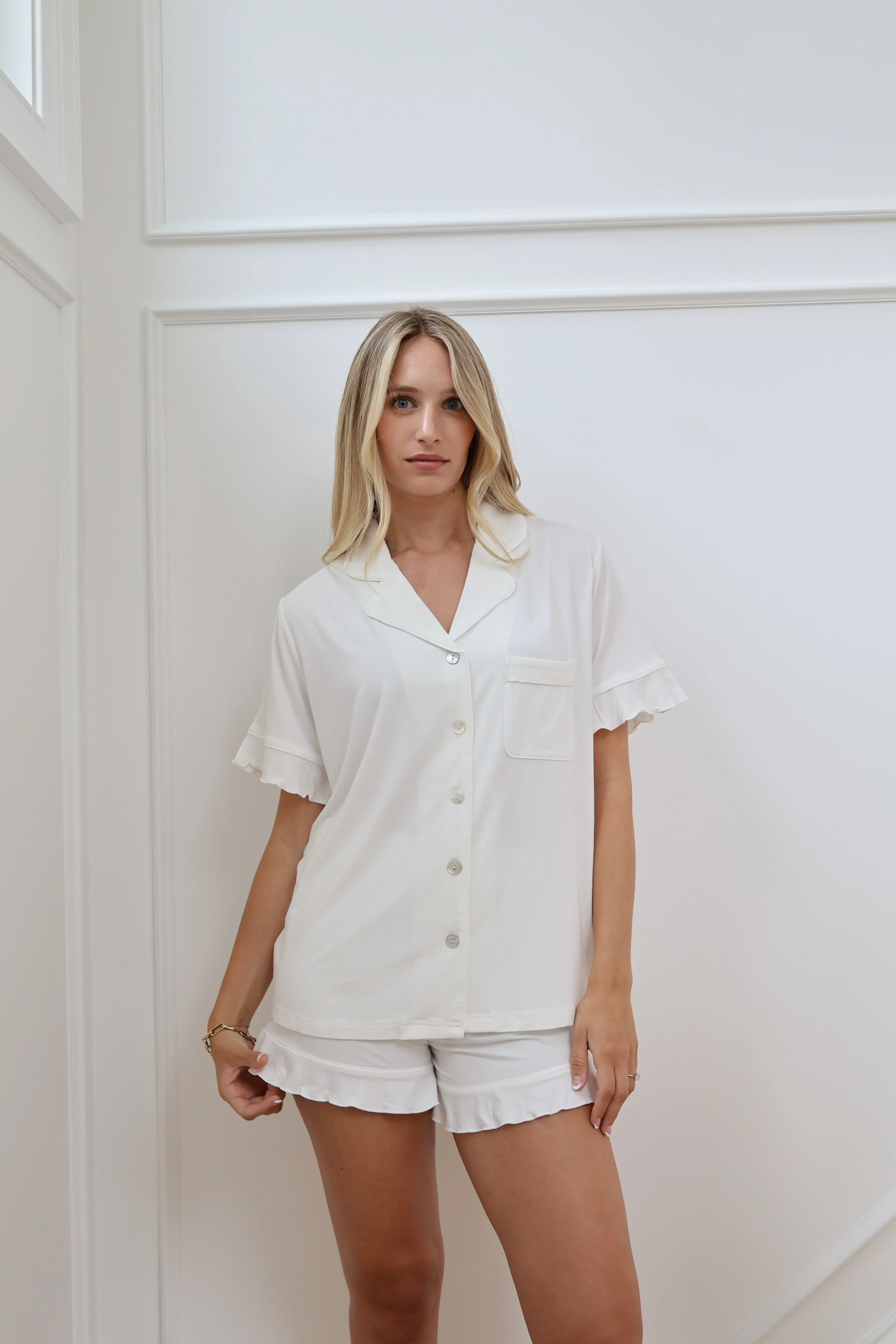 Ruffle Bamboo Pajama Short Bridal Set in Dove sold by waverles