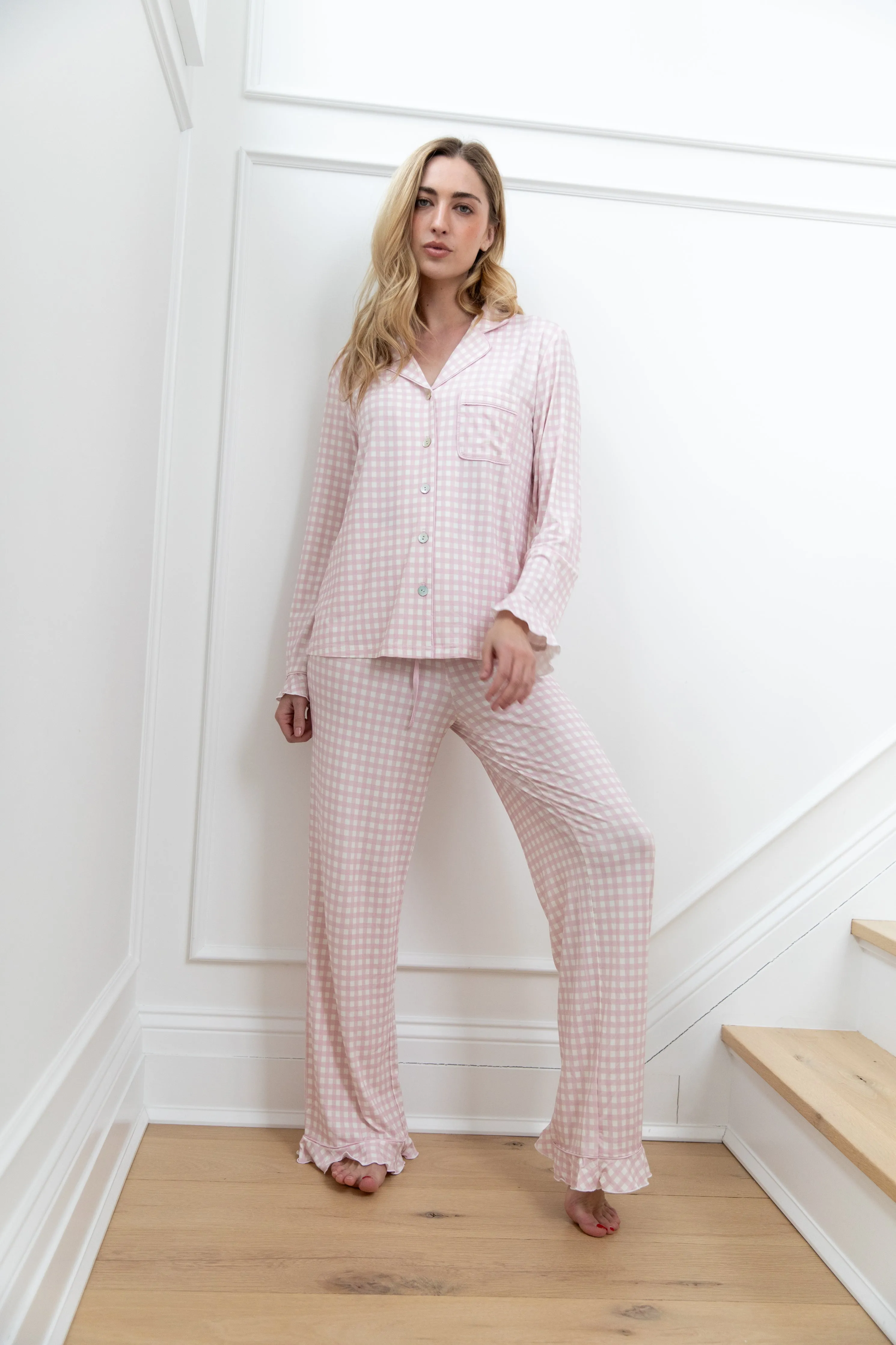 Ruffle Bamboo Pajama Set in Pink Gingham sold by waverles