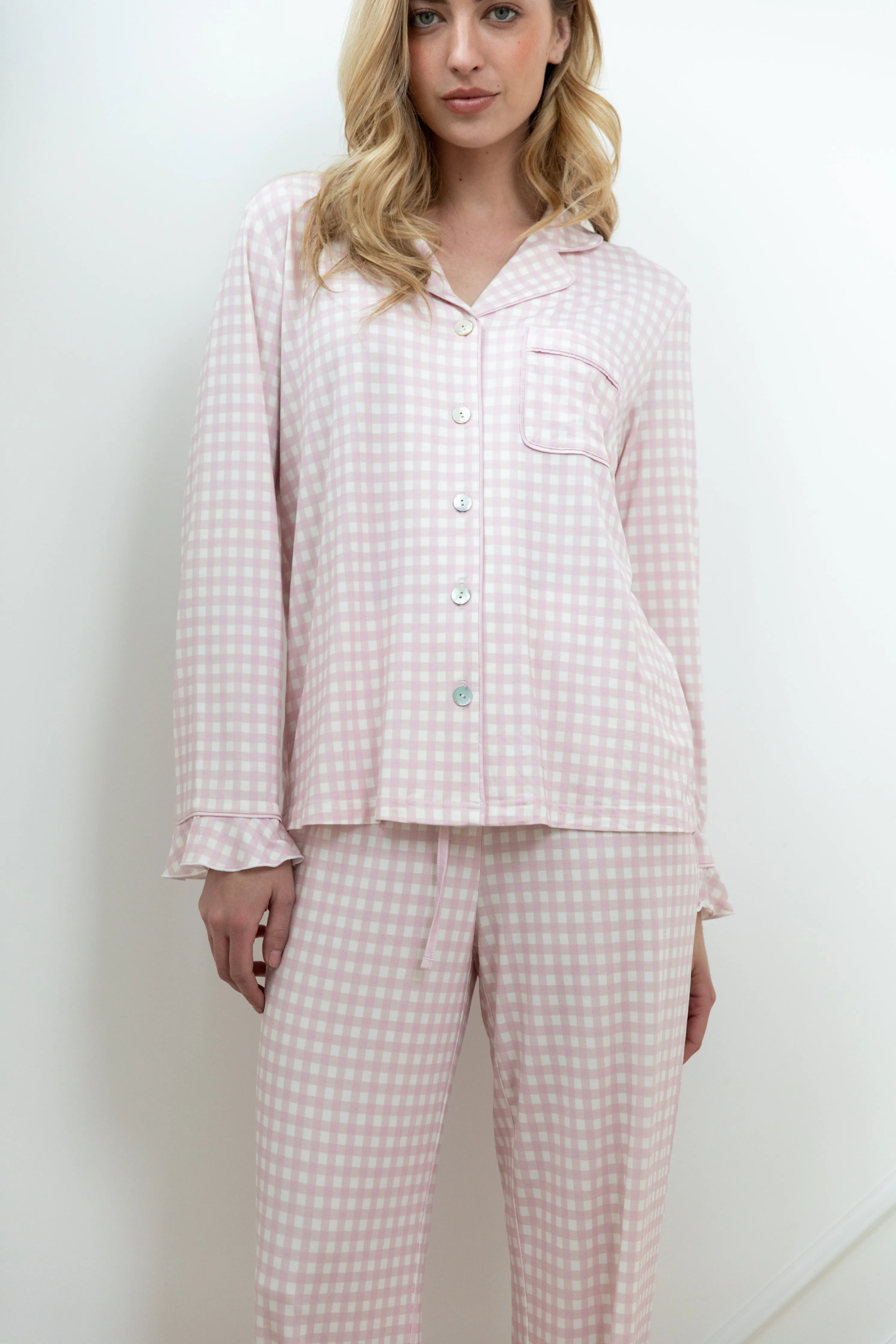 Ruffle Bamboo Pajama Set in Pink Gingham sold by waverles product image thumbnail 2