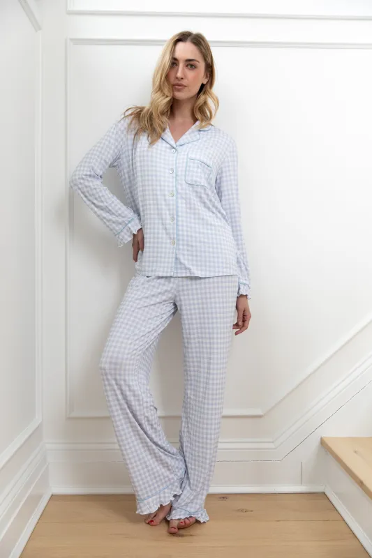 Ruffle Bamboo Pajama Set in Blue Gingham sold by waverles