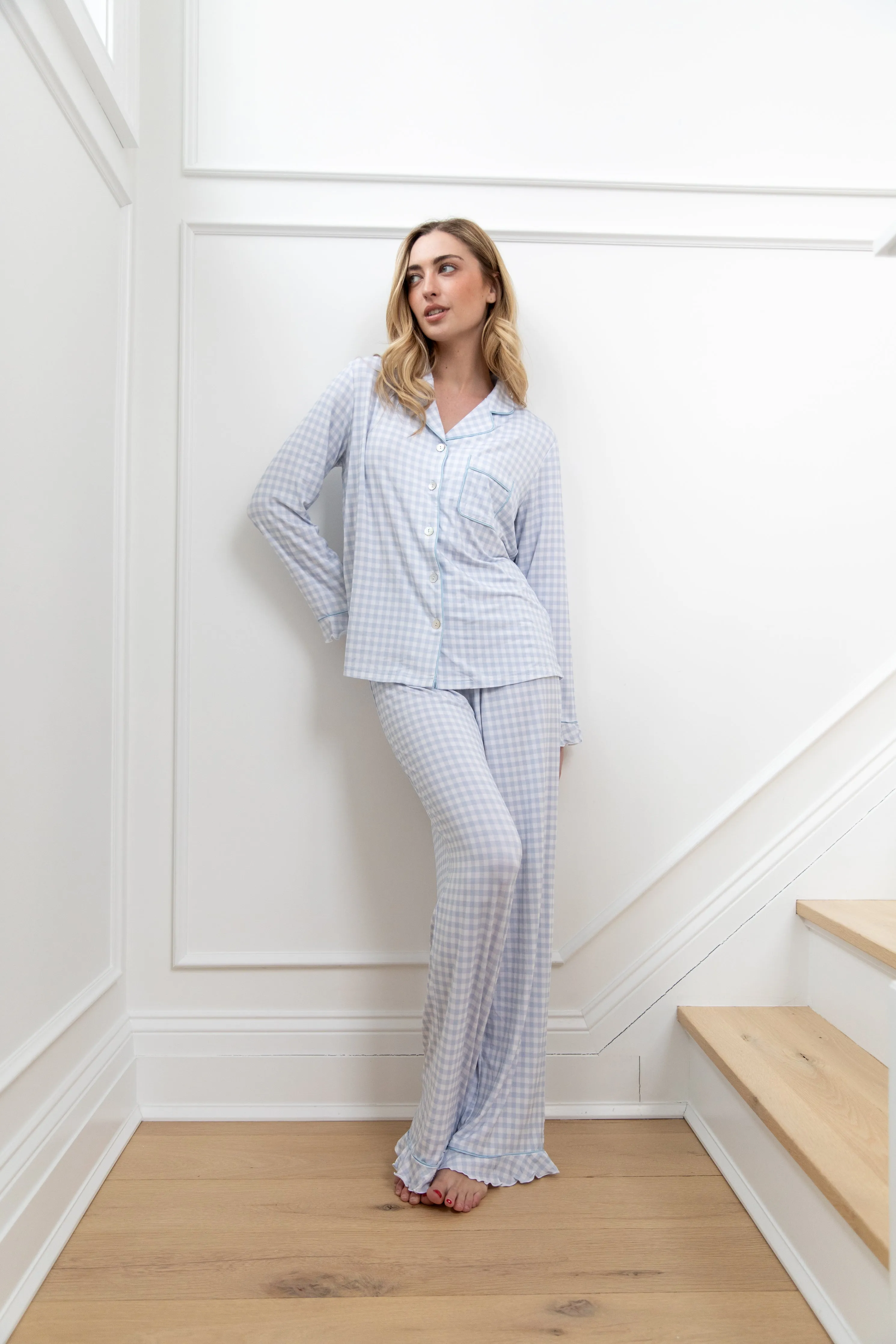 Ruffle Bamboo Pajama Set in Blue Gingham sold by waverles product image thumbnail 5
