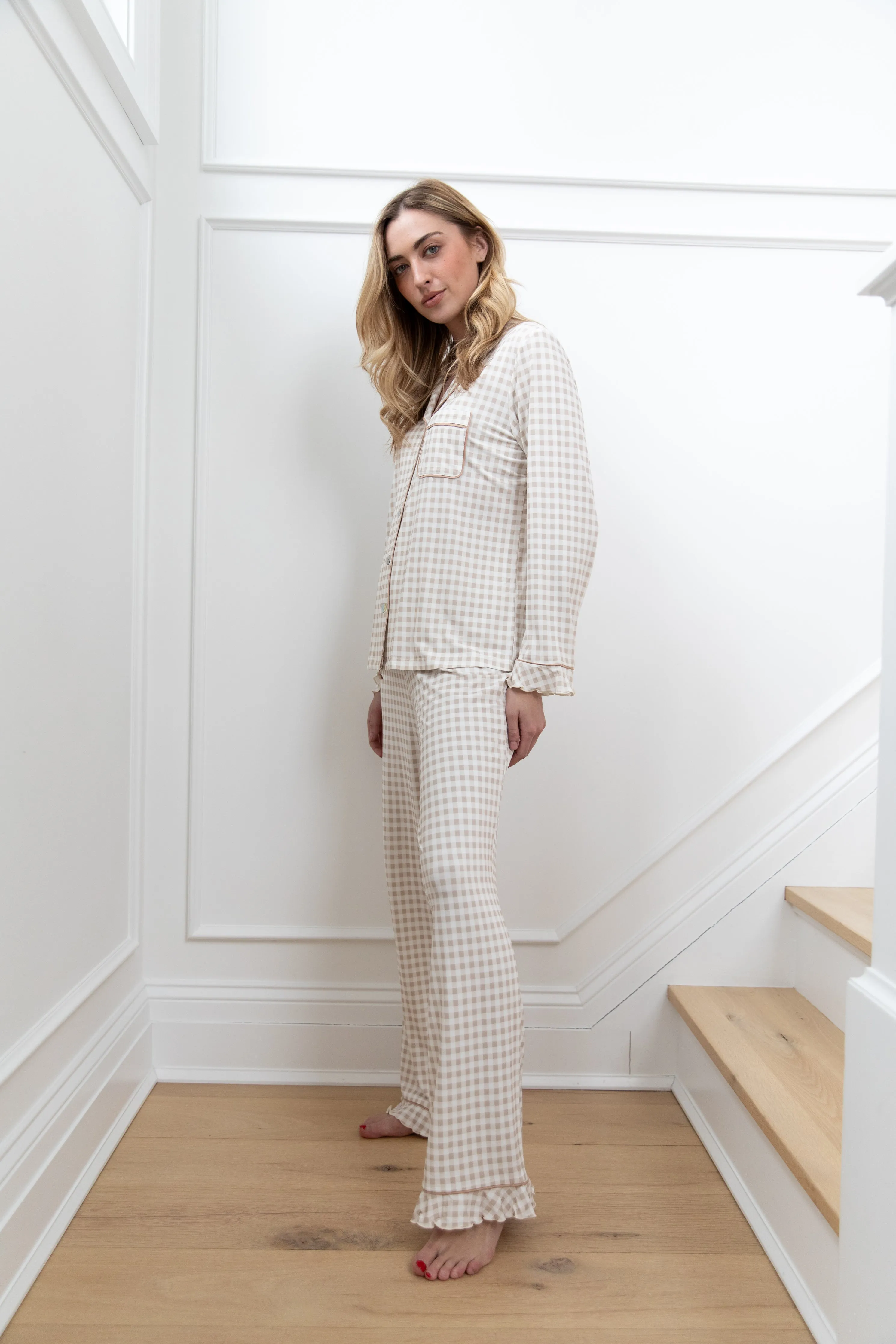 Ruffle Bamboo Pajama Set in Tan Gingham sold by waverles product image thumbnail 2