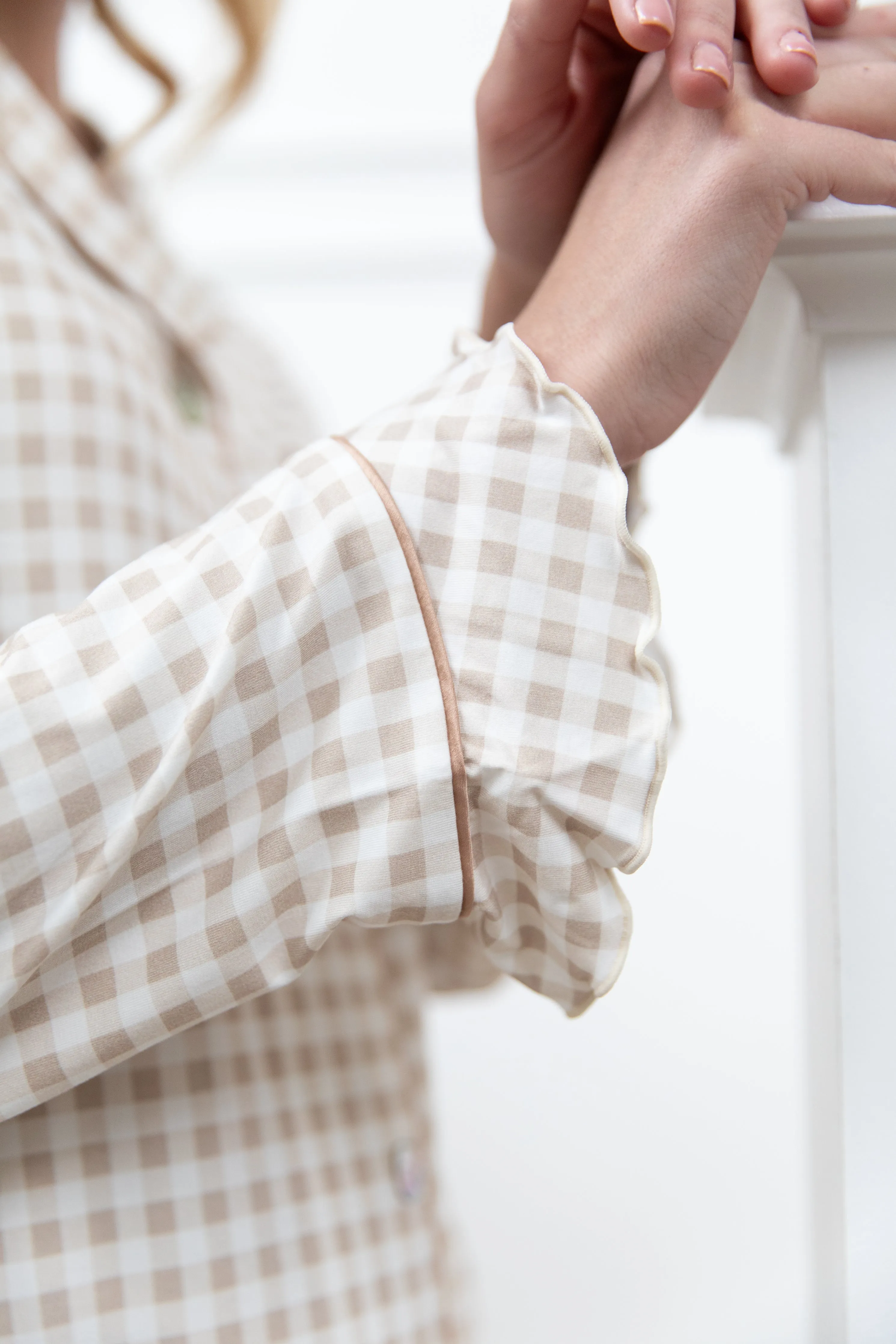 Ruffle Bamboo Pajama Set in Tan Gingham sold by waverles product image thumbnail 4