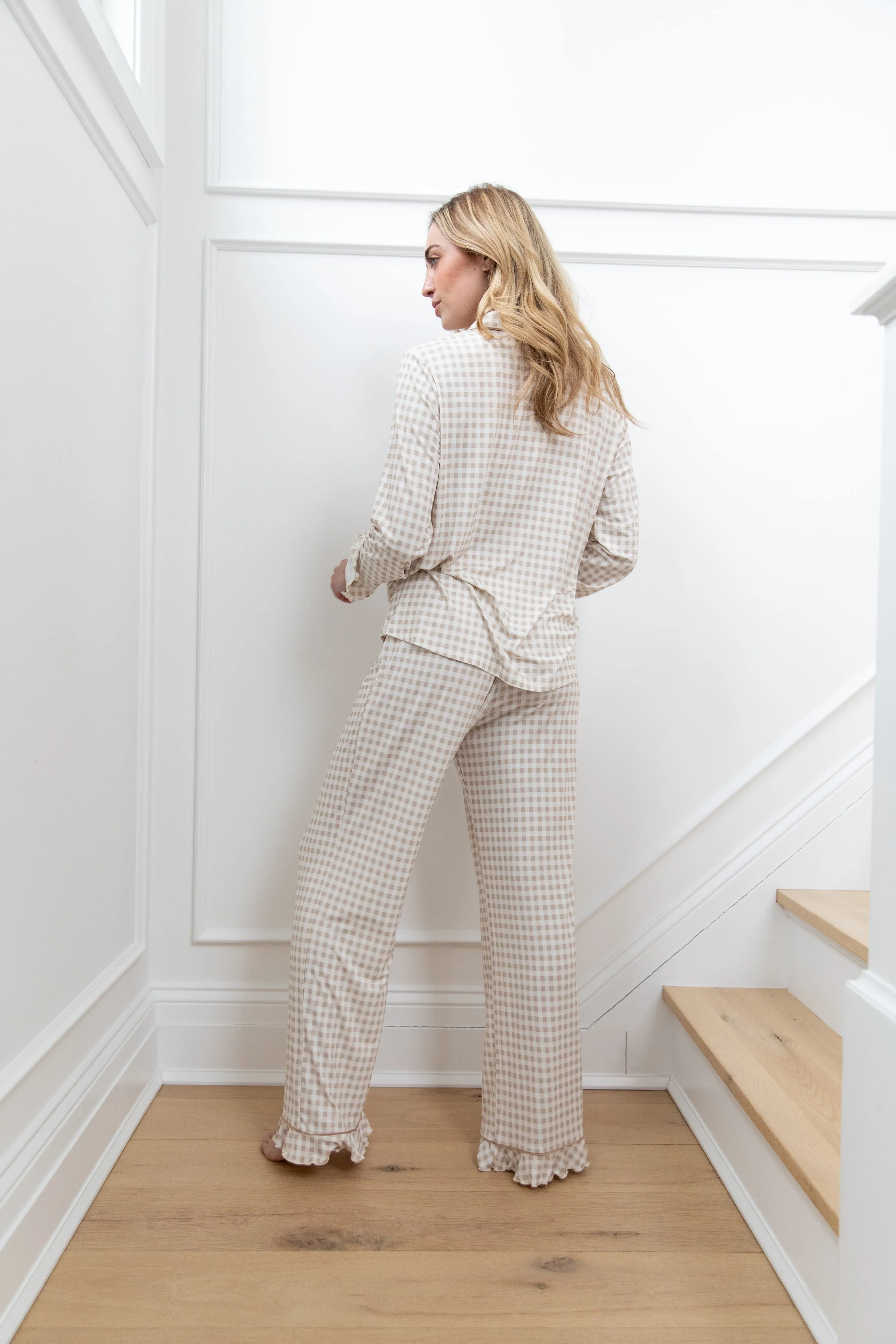 Ruffle Bamboo Pajama Set in Tan Gingham sold by waverles product image thumbnail 3
