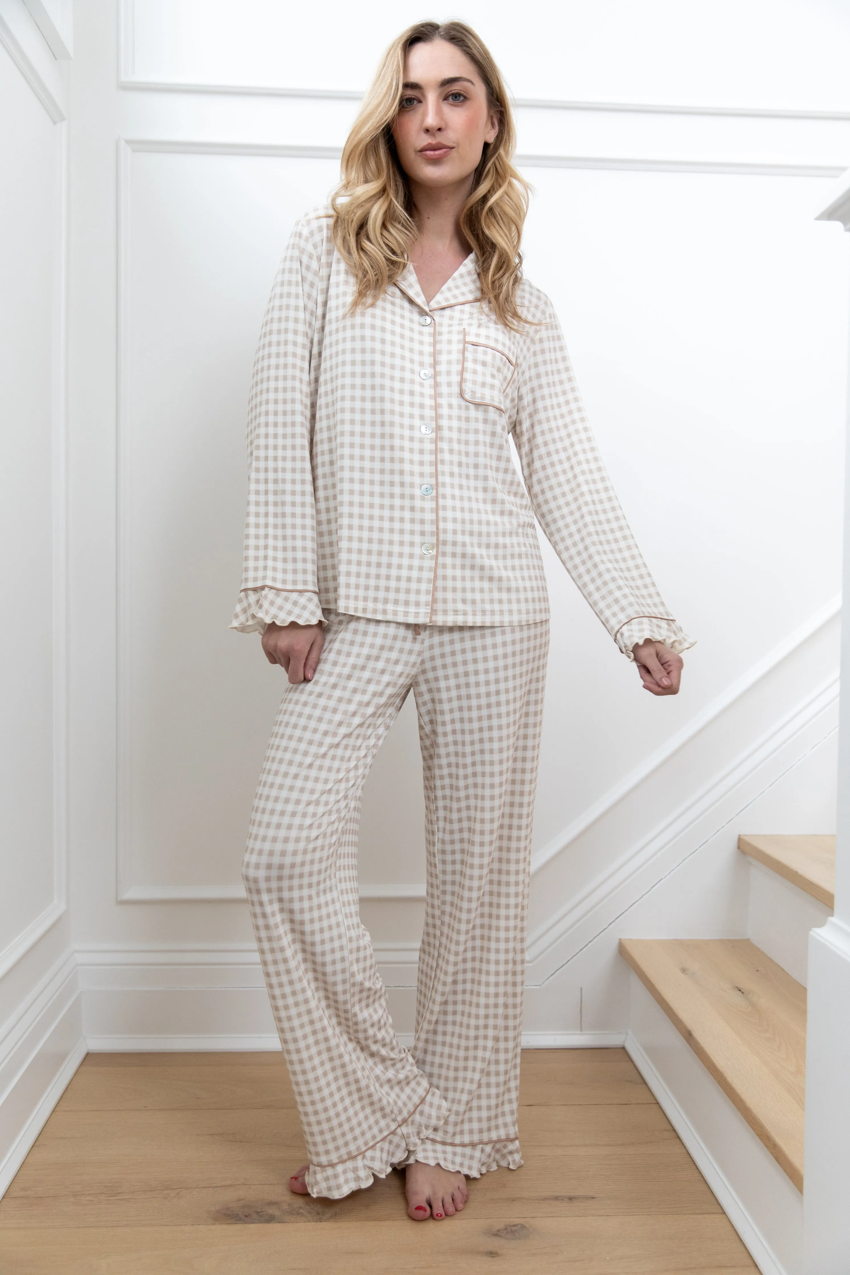 Ruffle Bamboo Pajama Set in Tan Gingham sold by waverles