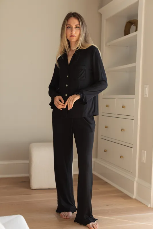 Ruffle Bamboo Pajama Bridal Pant Set in Noir sold by waverles